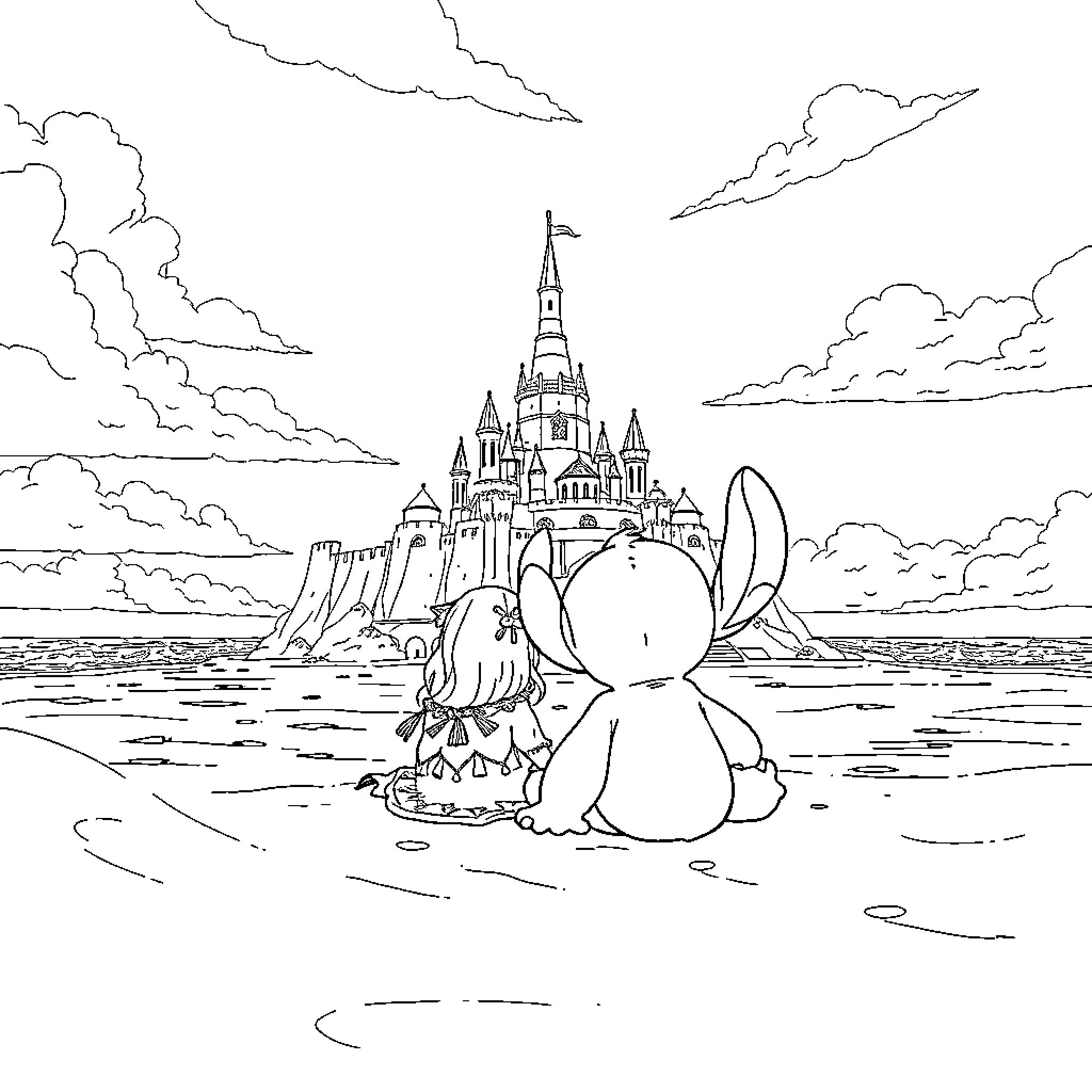 Lilo And Stitch enjoying a magical castle view Coloring Page (free black-and-white line drawing printable PDF for all, from beginners to advanced learners, including children, teens, adults, and seniors)