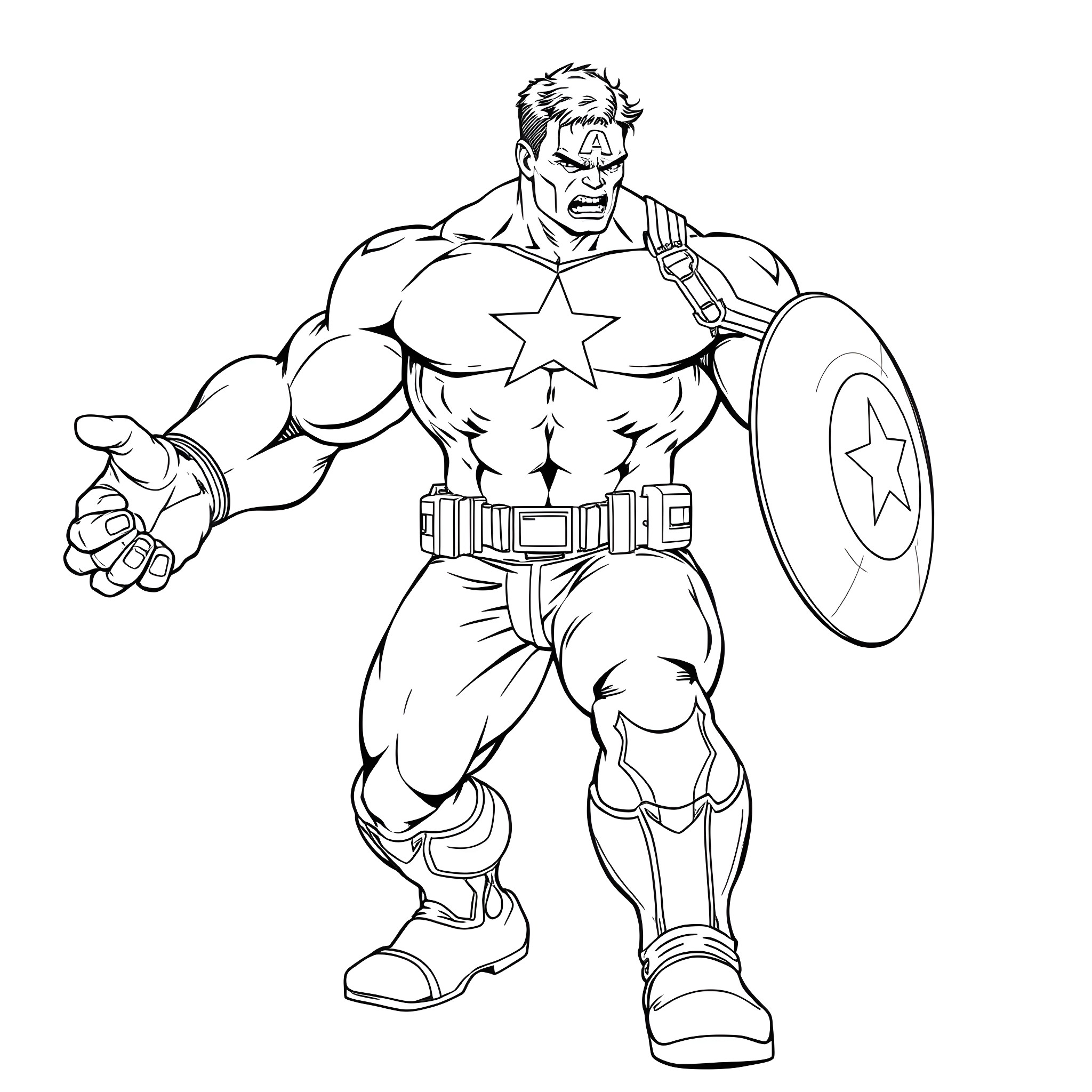 Hulk Heroically Stands with Shield and Fist Coloring Page (free black-and-white line drawing printable PDF for all, from beginners to advanced learners, including children, teens, adults, and seniors)