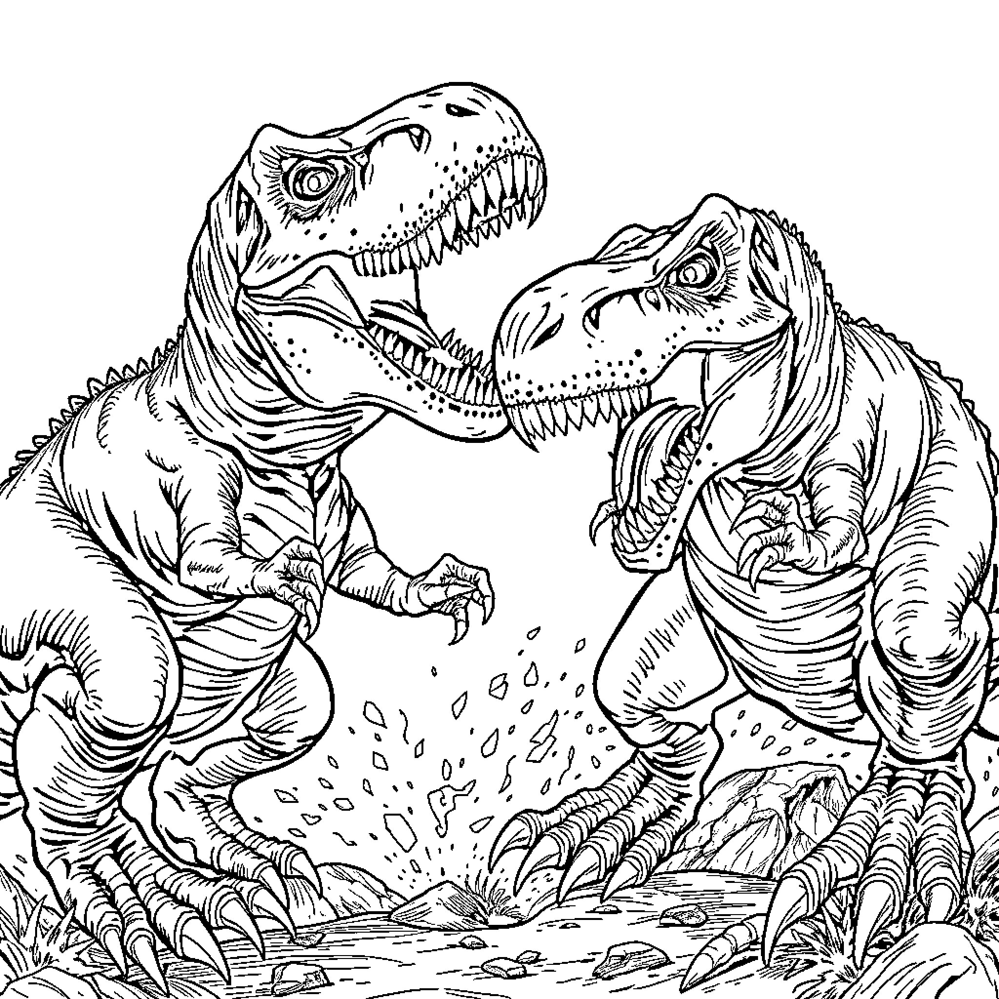 Dino duo battling ferociously in their natural habitat Coloring Page (free black-and-white line drawing printable PDF for all, from beginners to advanced learners, including children, teens, adults, and seniors)