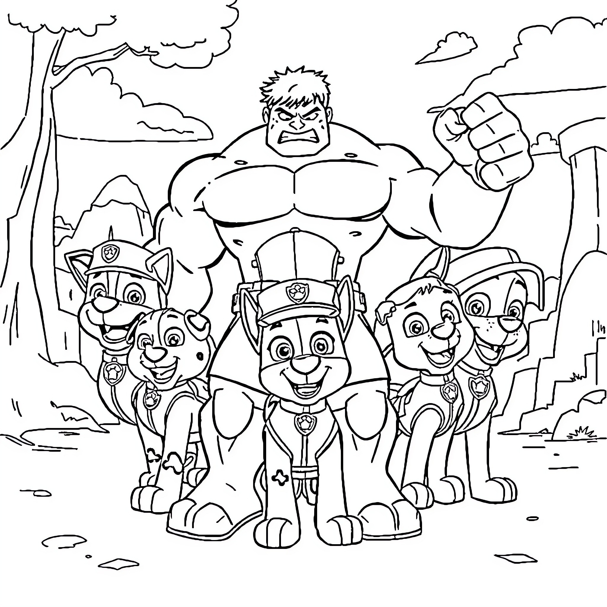 Hulk and Paw Patrol heroes in adventurous pose Coloring Page (free black-and-white line drawing printable PDF for all, from beginners to advanced learners, including children, teens, adults, and seniors)