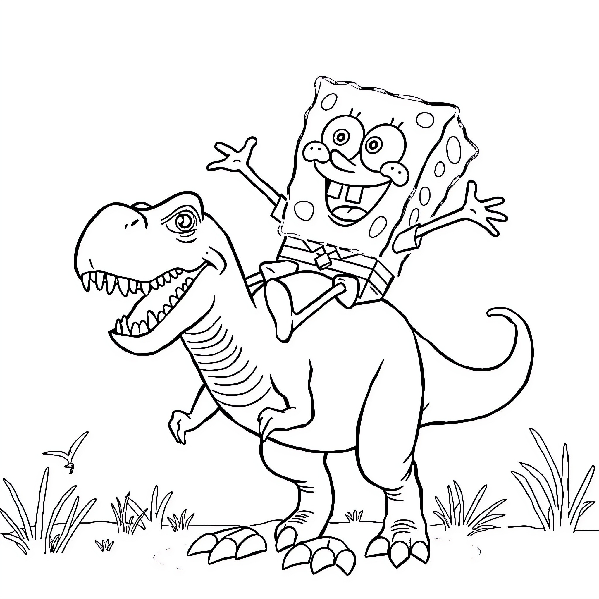 Spongebob riding a dinosaur with excitement Coloring Page (free black-and-white line drawing printable PDF for all, from beginners to advanced learners, including children, teens, adults, and seniors)