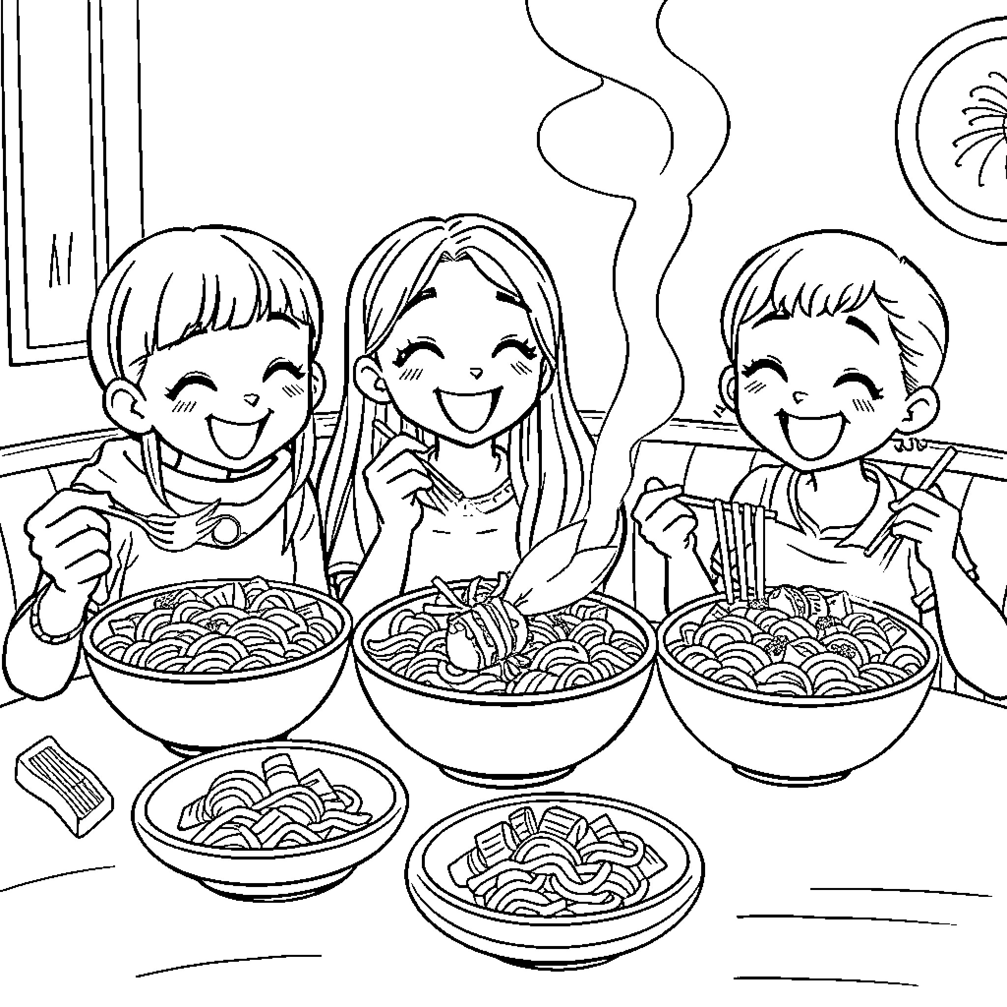 Rumi's Family Enjoying a Meal Together Coloring Page (free black-and-white line drawing printable PDF for all, from beginners to advanced learners, including children, teens, adults, and seniors)