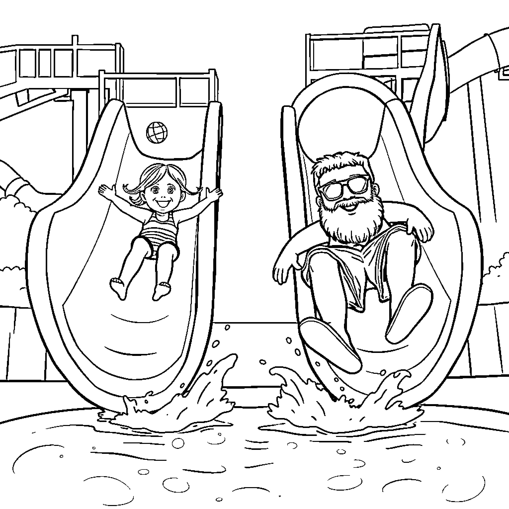 Girl and Man Enjoying Water Slides at the Park Coloring Page (free black-and-white line drawing printable PDF for all, from beginners to advanced learners, including children, teens, adults, and seniors)