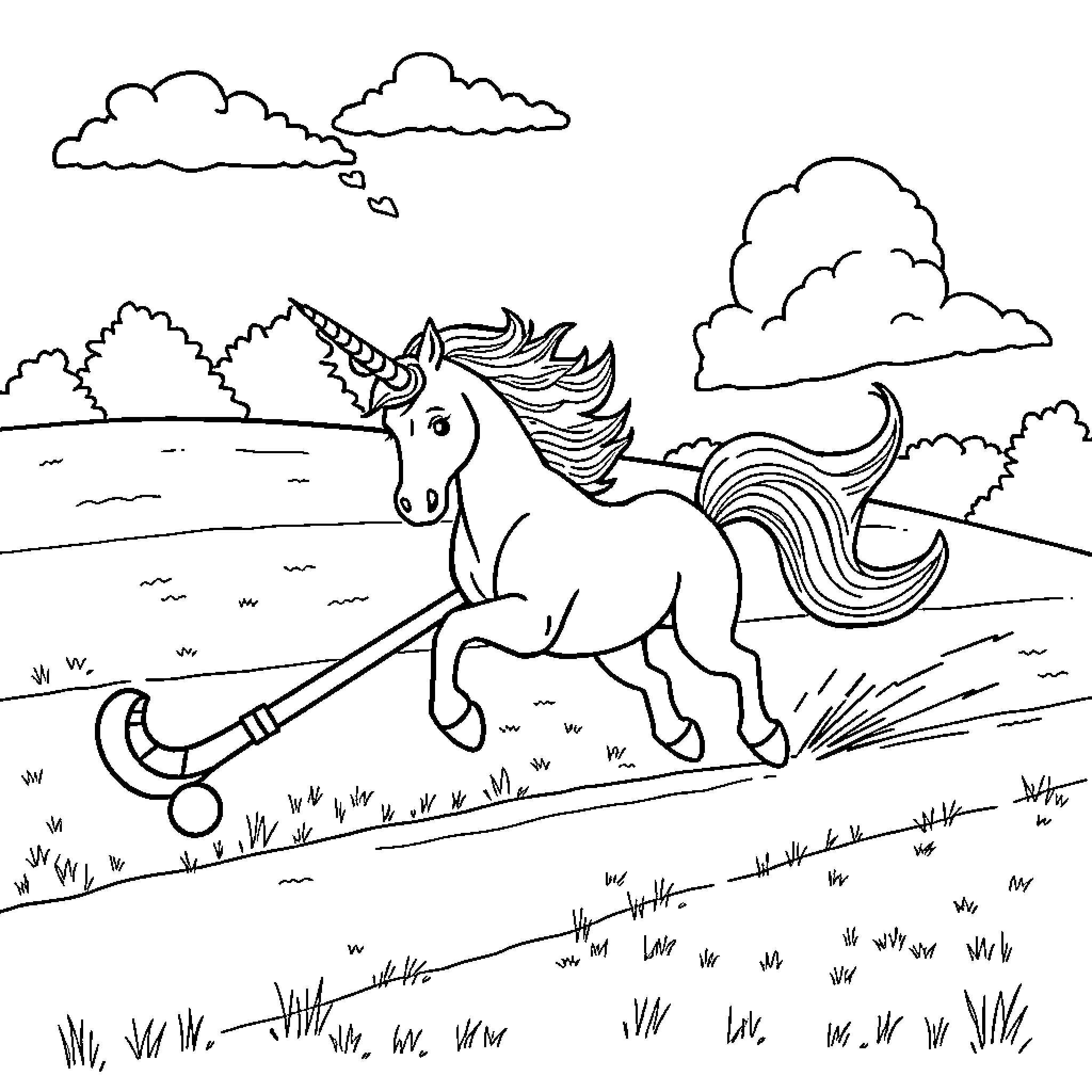 Unicorn riding playfully on a grassy landscape Coloring Page (free black-and-white line drawing printable PDF for all, from beginners to advanced learners, including children, teens, adults, and seniors)