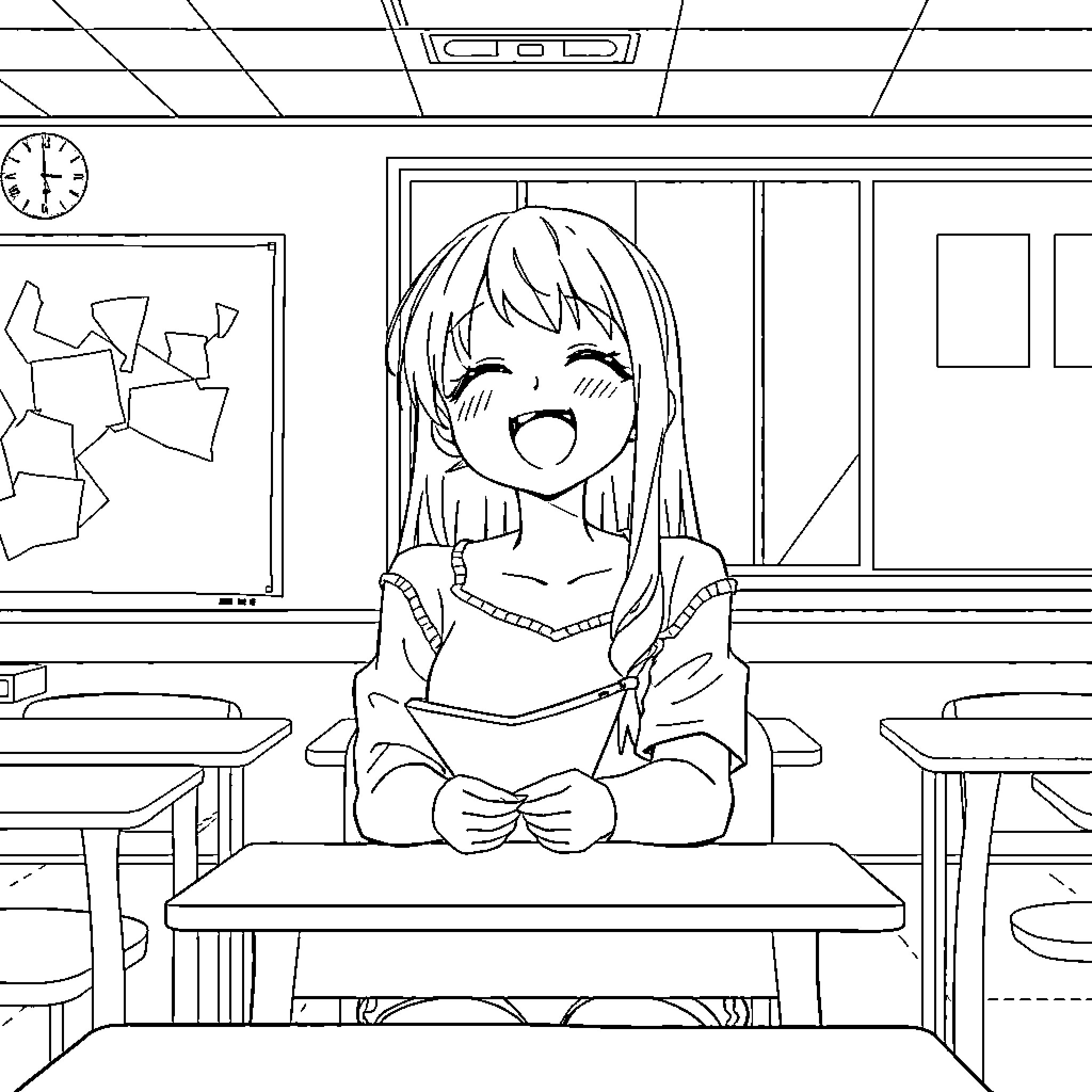 Anime Student Happily Daydreaming in Classroom Coloring Page (free black-and-white line drawing printable PDF for all, from beginners to advanced learners, including children, teens, adults, and seniors)