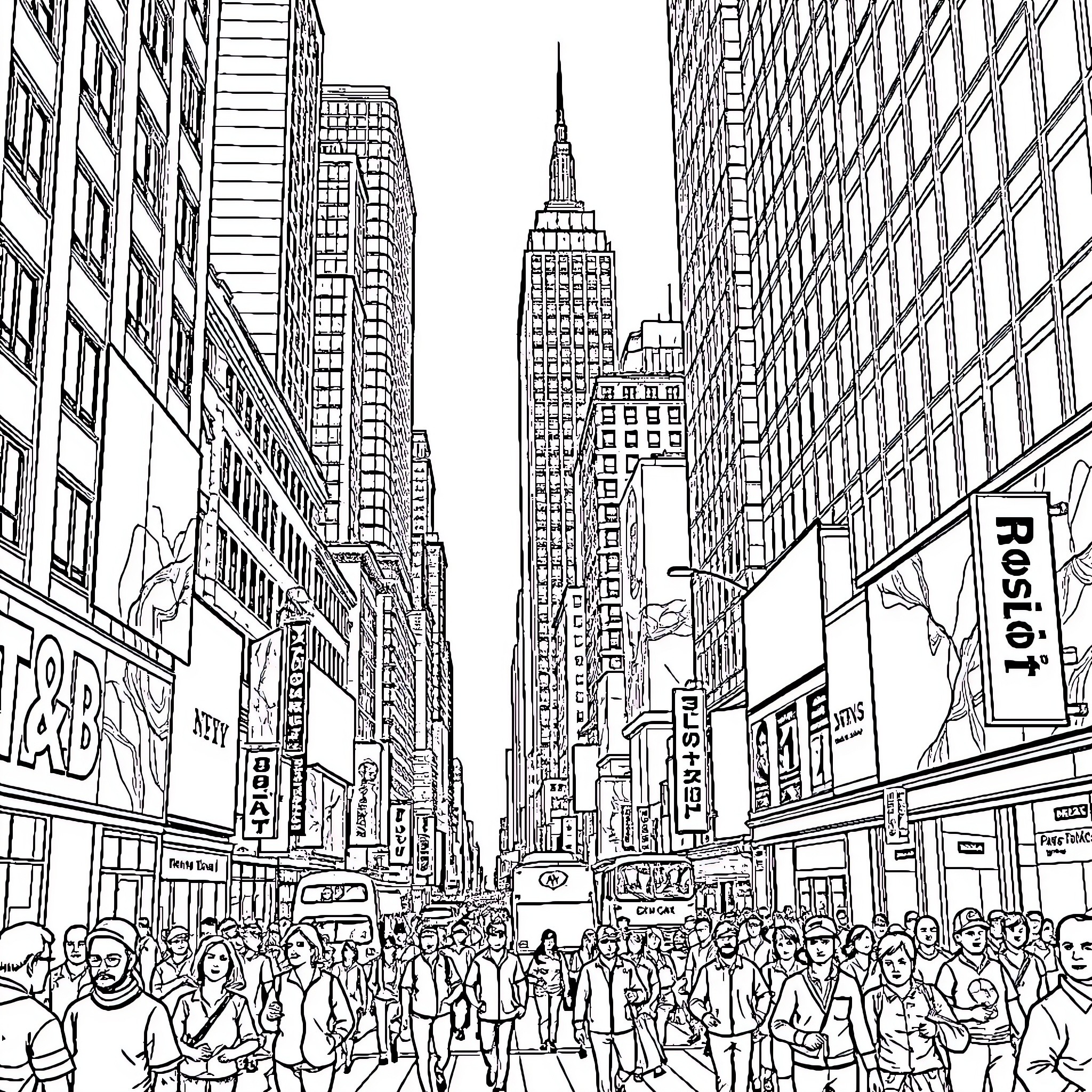 New York City Street Scene with Crowds and Skyscrapers Coloring Page (free black-and-white line drawing printable PDF for all, from beginners to advanced learners, including children, teens, adults, and seniors)