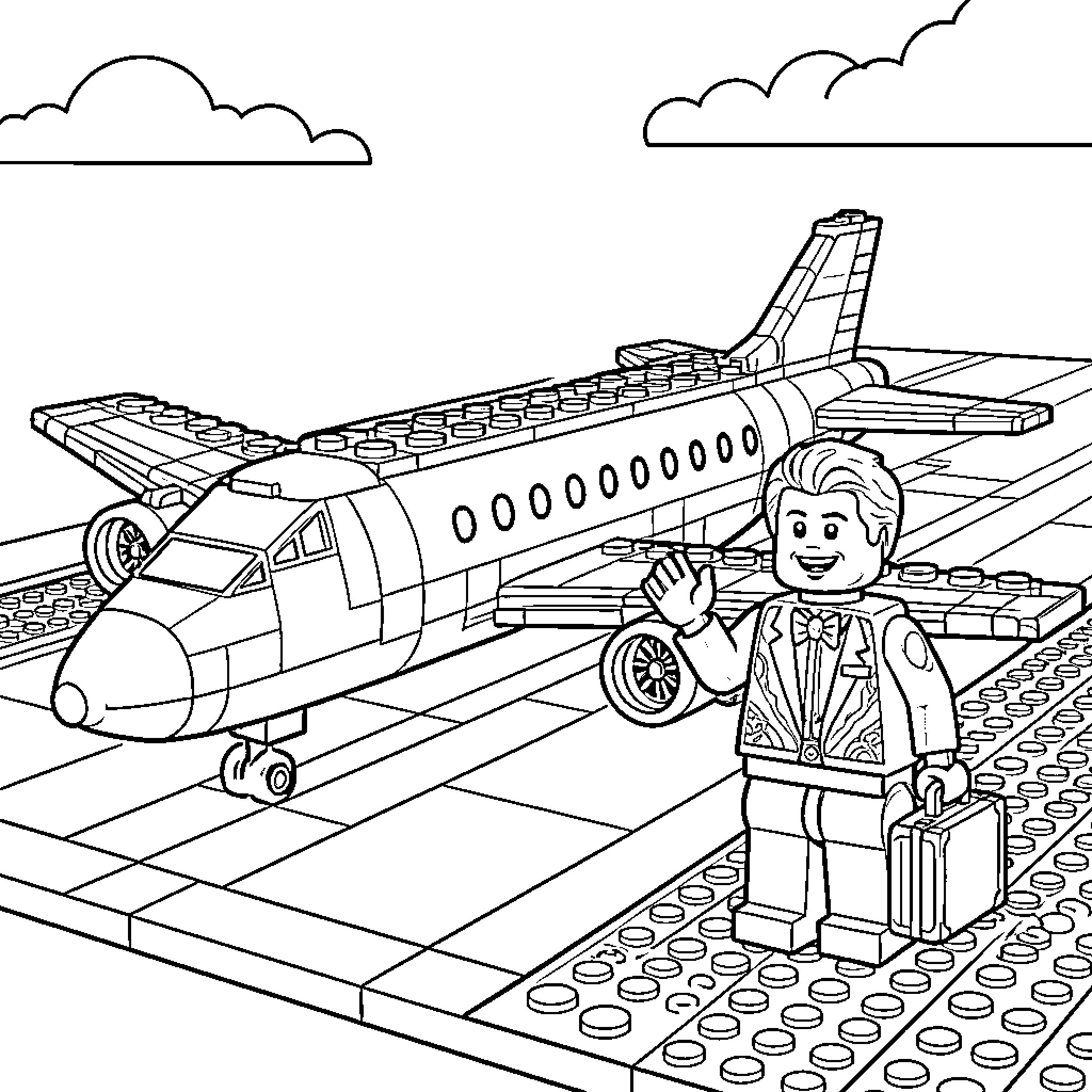 Lego Concorde passenger waving at the airport Coloring Page (free black-and-white line drawing printable PDF for all, from beginners to advanced learners, including children, teens, adults, and seniors)