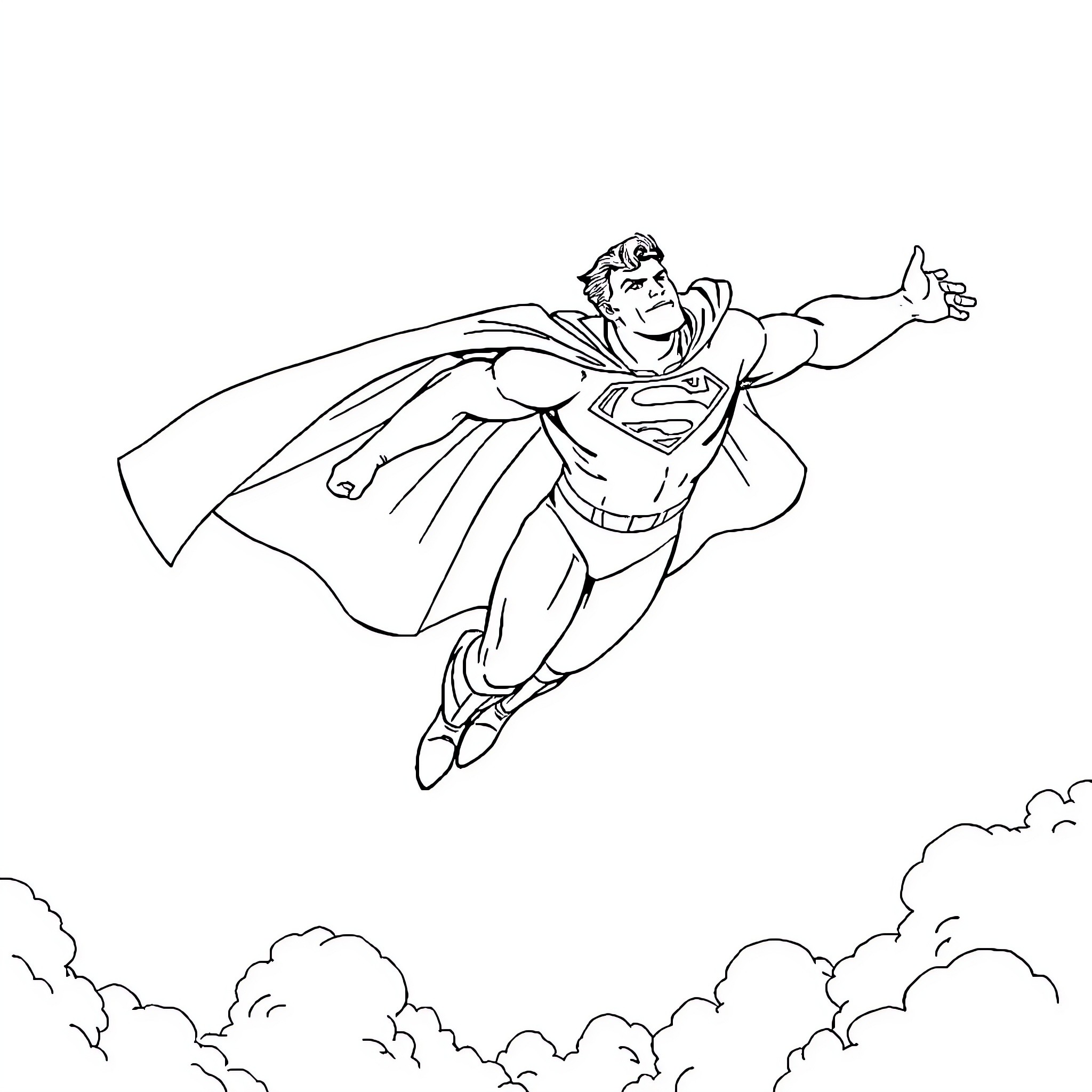 Superman heroically soaring through the sky Coloring Page (free black-and-white line drawing printable PDF for all, from beginners to advanced learners, including children, teens, adults, and seniors)