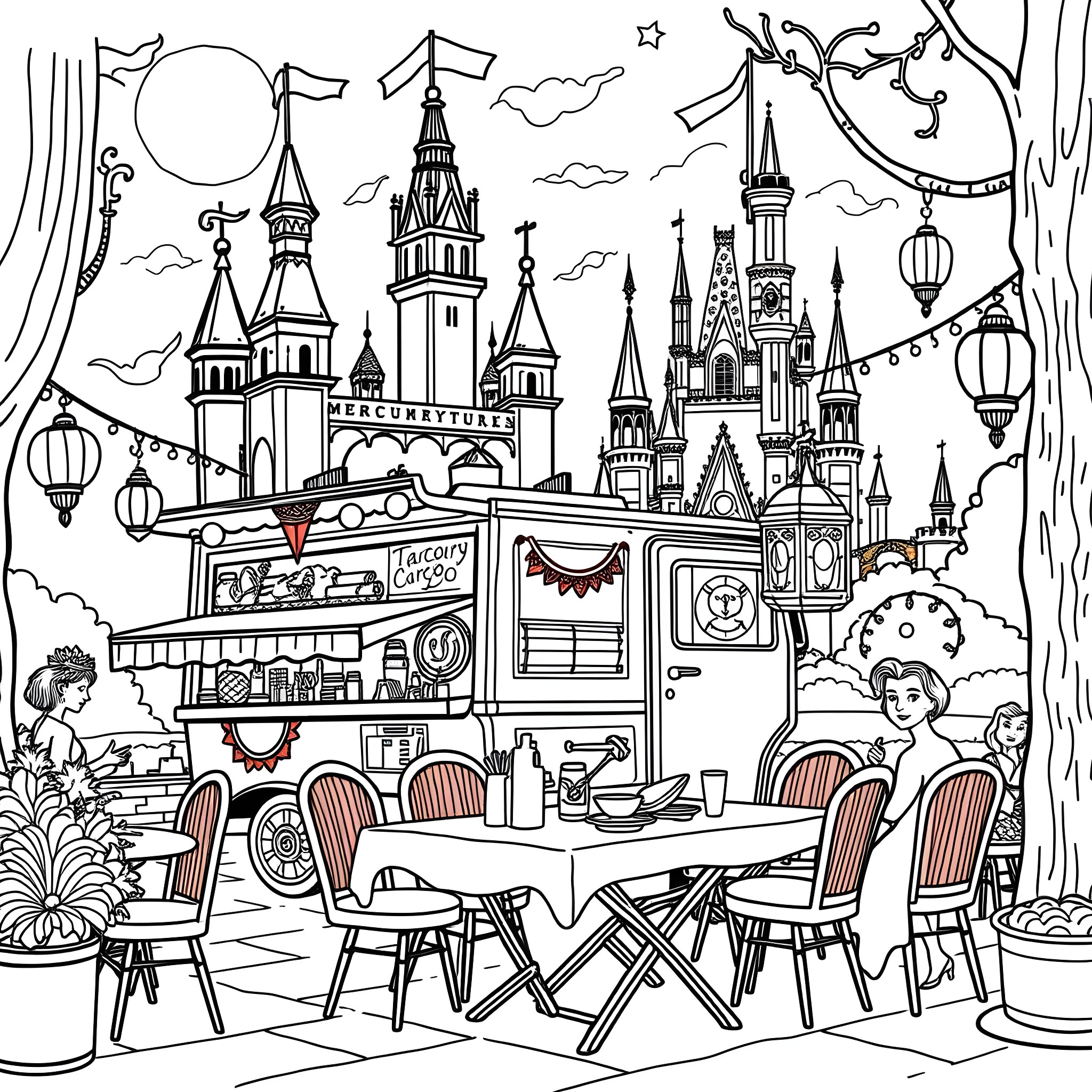 Restaurant Bustling with Patrons Dining Outdoors in Whimsical Setting Coloring Page (free black-and-white line drawing printable PDF for all, from beginners to advanced learners, including children, teens, adults, and seniors)