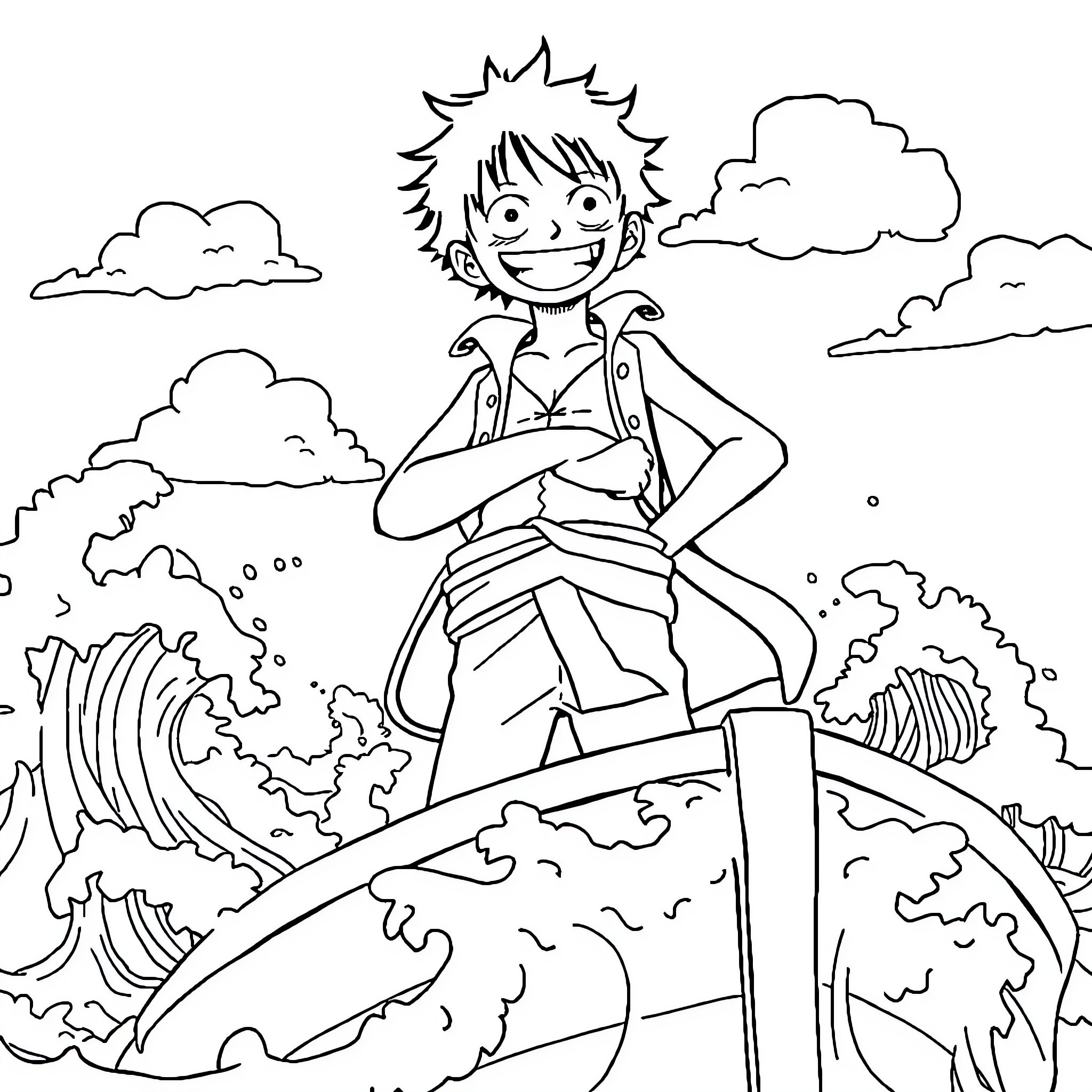 Luffy's Adventurous Spirit Amid the Waves Coloring Page (free black-and-white line drawing printable PDF for all, from beginners to advanced learners, including children, teens, adults, and seniors)