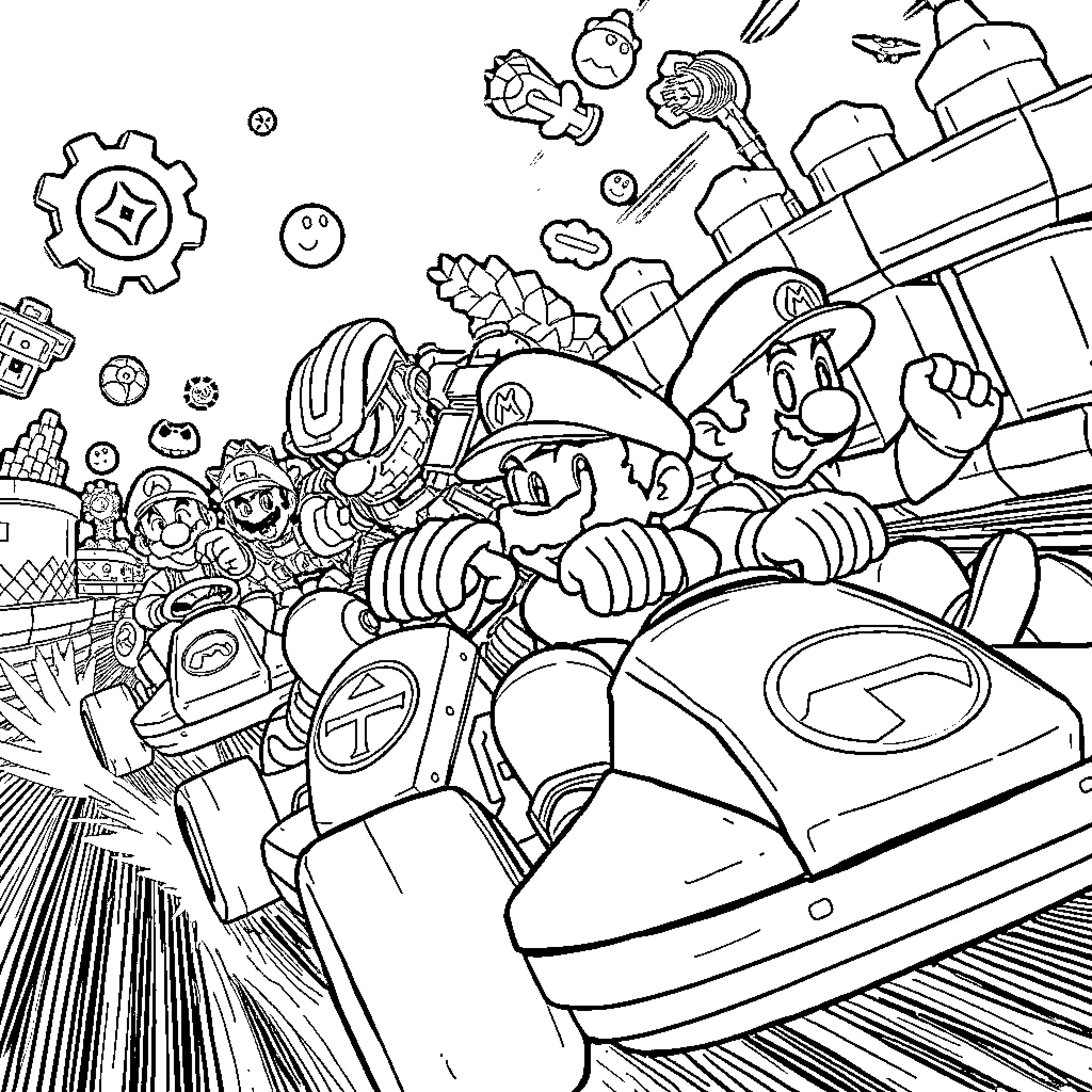 Character in a Whimsical Science Fiction Scene Coloring Page (free black-and-white line drawing printable PDF for all, from beginners to advanced learners, including children, teens, adults, and seniors)