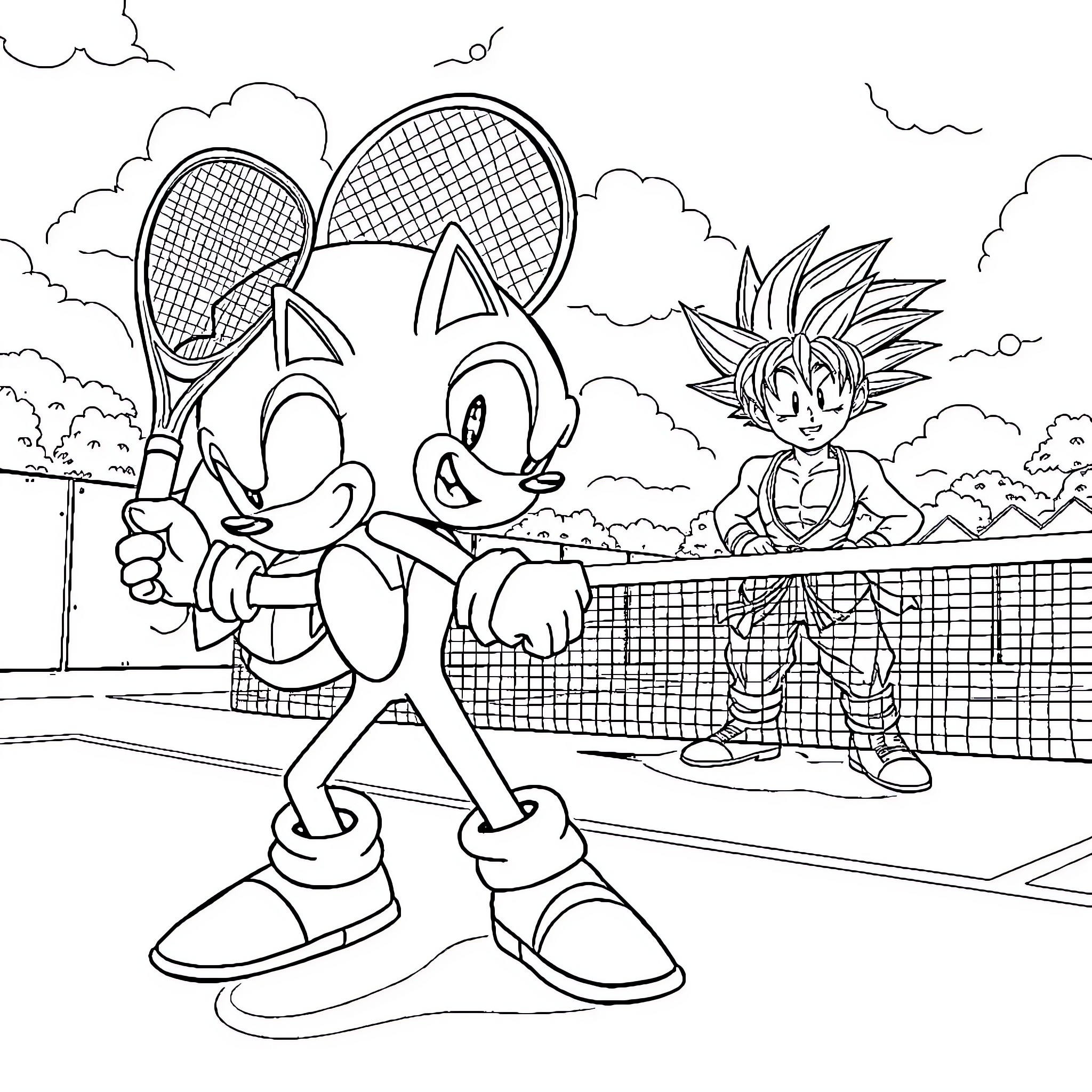 Sonic Playing Tennis with Friend on Court Coloring Page (free black-and-white line drawing printable PDF for all, from beginners to advanced learners, including children, teens, adults, and seniors)