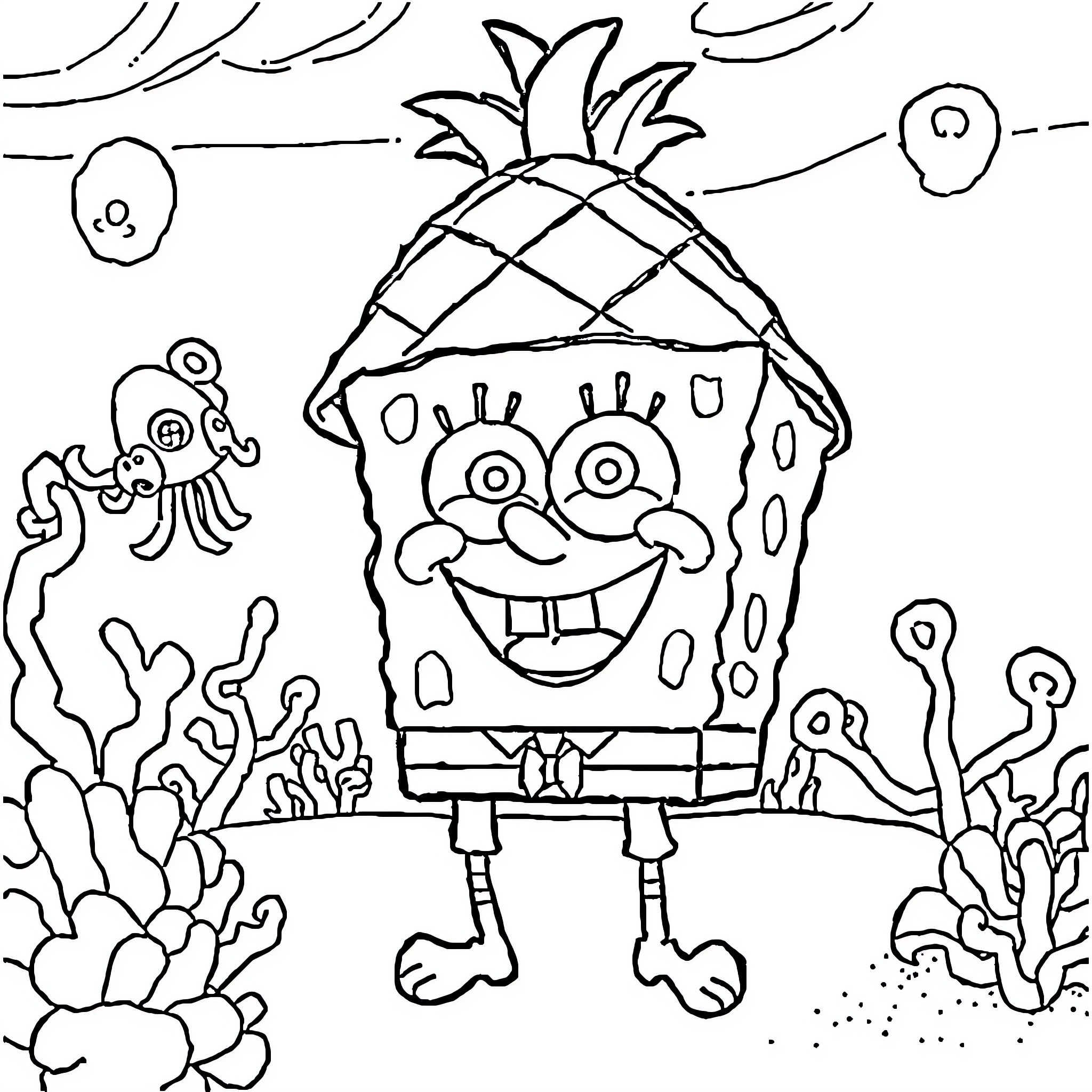 Spongebob's Underwater Adventures Coloring Page (free black-and-white line drawing printable PDF for all, from beginners to advanced learners, including children, teens, adults, and seniors)