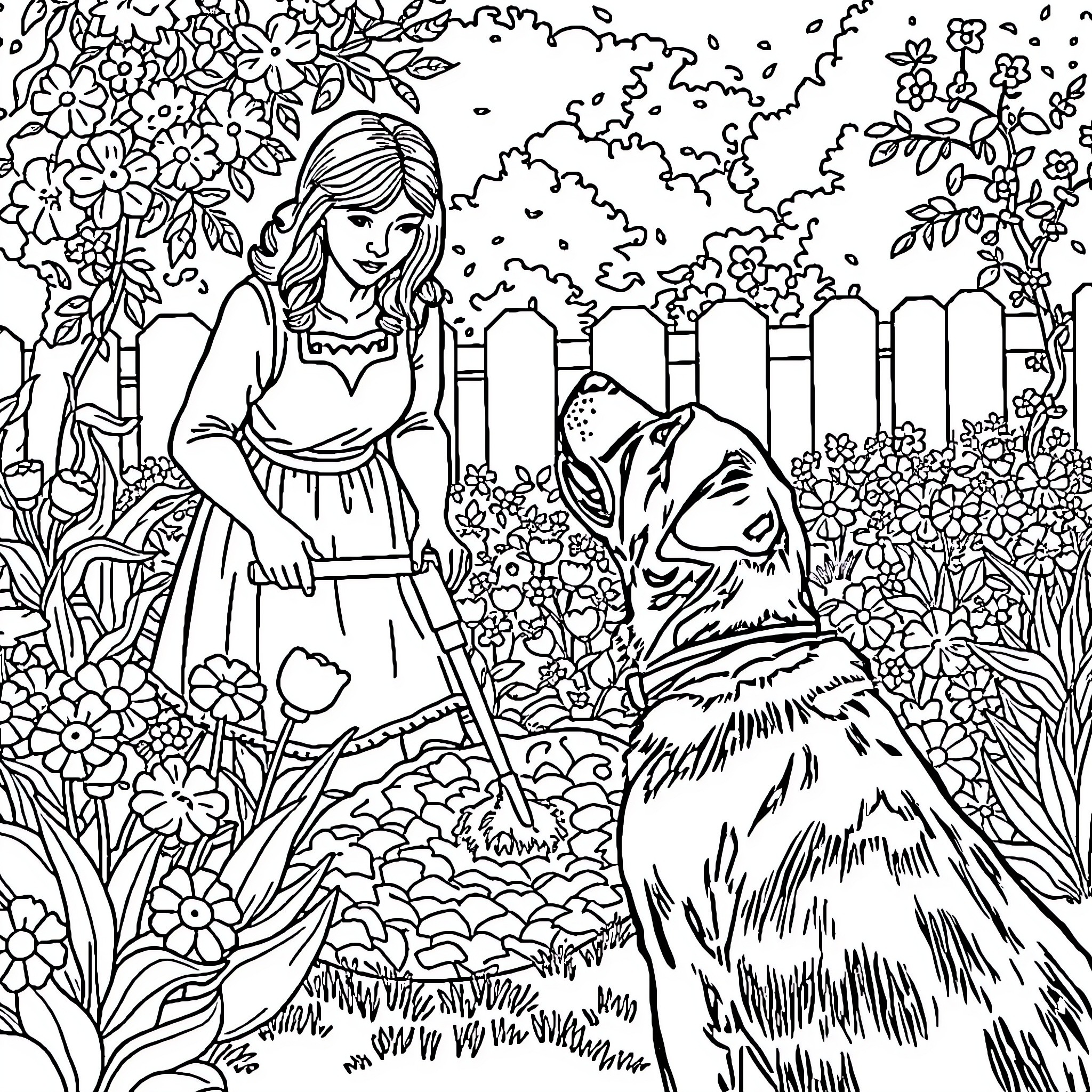 Lab Girl gardening with her dog in a floral scene Coloring Page (free black-and-white line drawing printable PDF for all, from beginners to advanced learners, including children, teens, adults, and seniors)