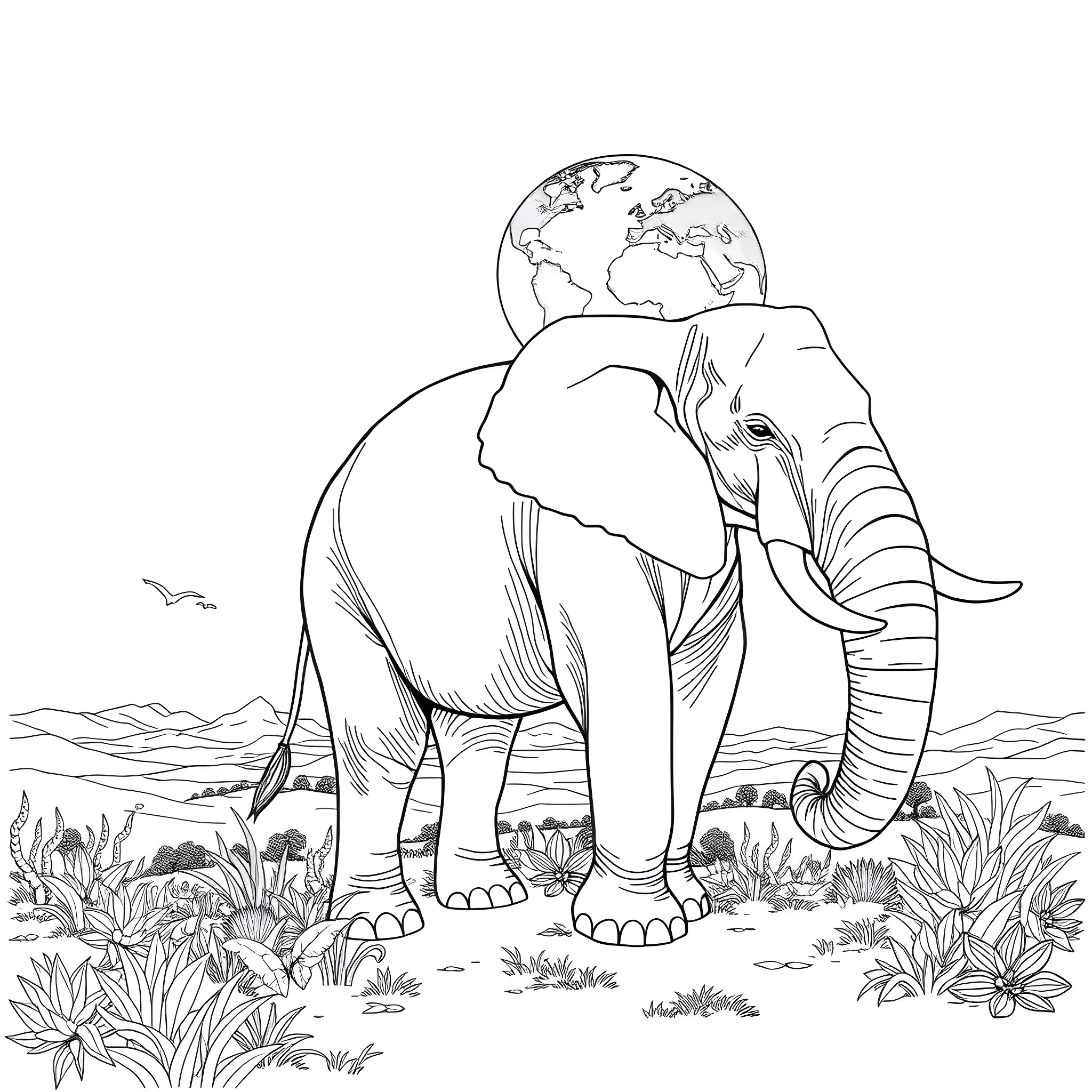Elephant standing beneath the globe in nature Coloring Page (free black-and-white line drawing printable PDF for all, from beginners to advanced learners, including children, teens, adults, and seniors)