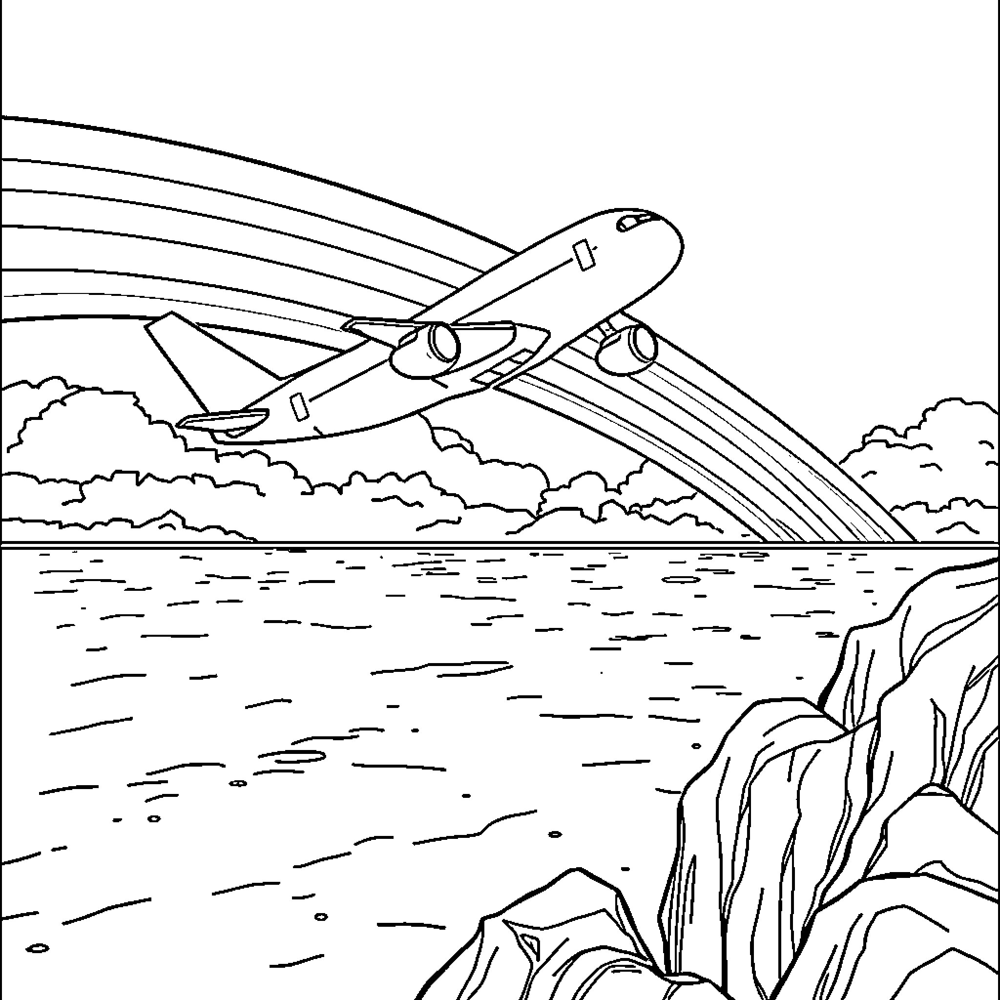 Airplane taking off over the ocean landscape Coloring Page (free black-and-white line drawing printable PDF for all, from beginners to advanced learners, including children, teens, adults, and seniors)