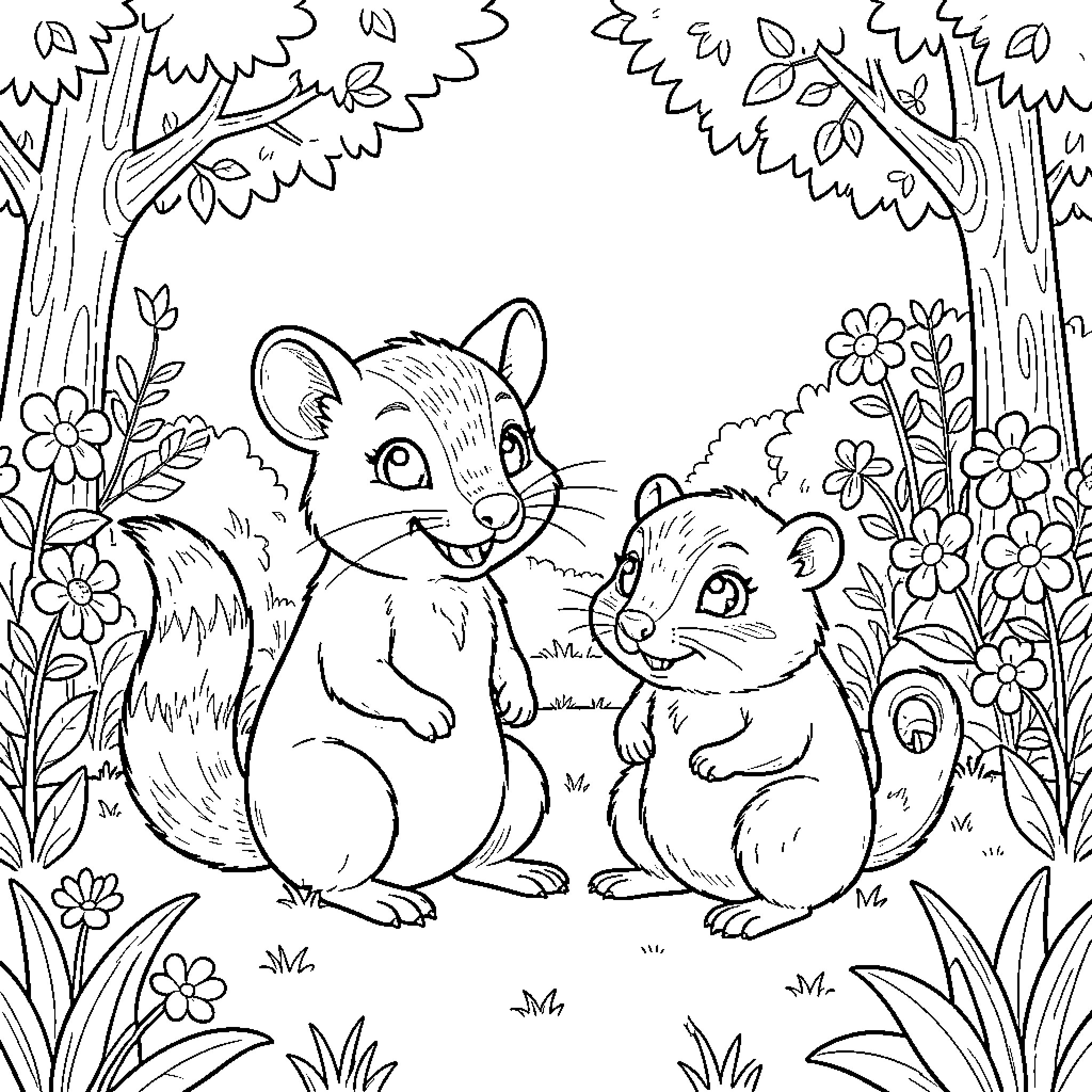Mapache raccoons playing in the forest Coloring Page (free black-and-white line drawing printable PDF for all, from beginners to advanced learners, including children, teens, adults, and seniors)
