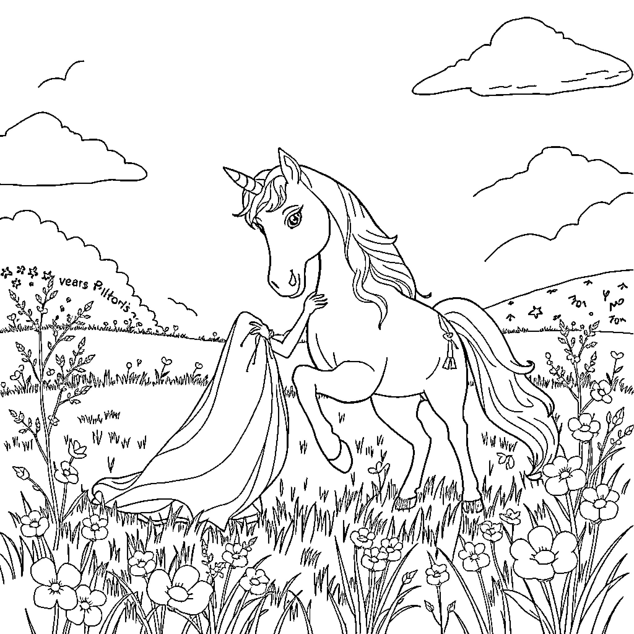 Elsa the Unicorn in a Magical Meadow Coloring Page (free black-and-white line drawing printable PDF for all, from beginners to advanced learners, including children, teens, adults, and seniors)