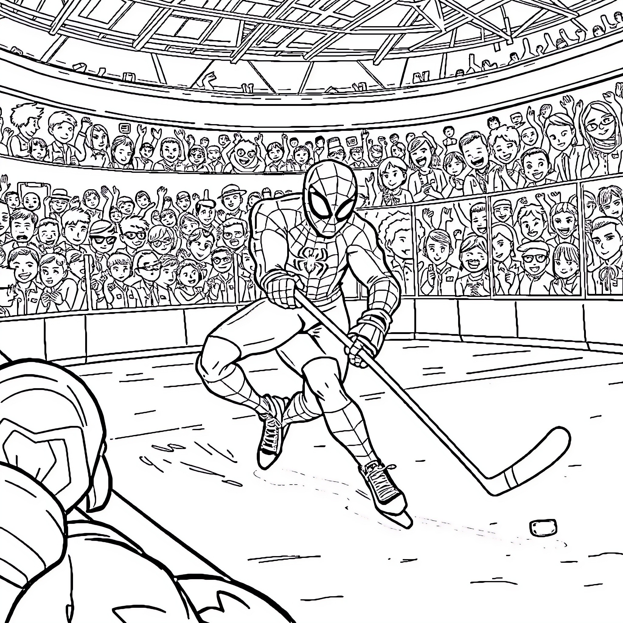 Spider-Man performs heroic stunts in an arena filled with cheering spectators Coloring Page (free black-and-white line drawing printable PDF for all, from beginners to advanced learners, including children, teens, adults, and seniors)