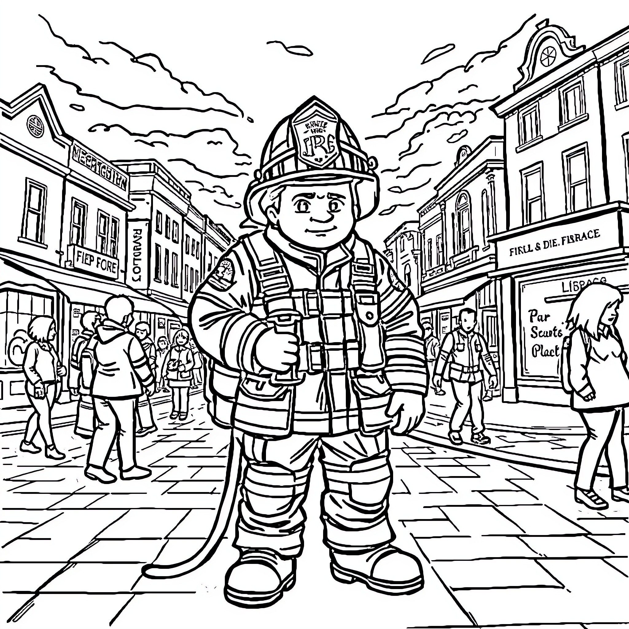 Firefighter assisting people in a busy city street Coloring Page (free black-and-white line drawing printable PDF for all, from beginners to advanced learners, including children, teens, adults, and seniors)