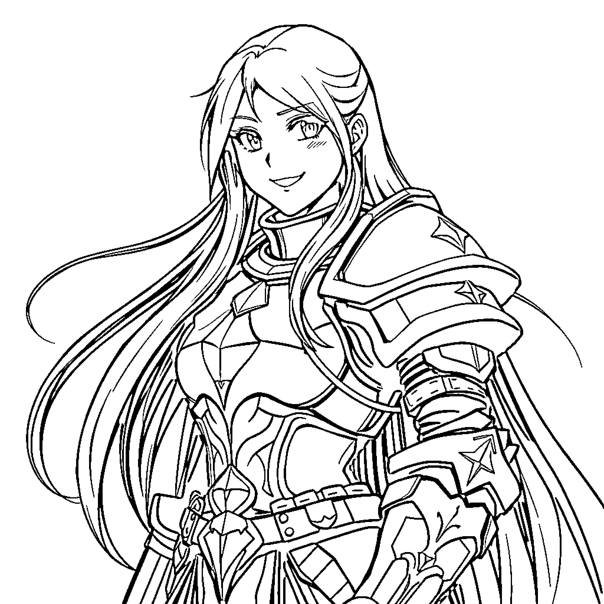 Asuna in heroic anime-style pose Coloring Page (free black-and-white line drawing printable PDF for all, from beginners to advanced learners, including children, teens, adults, and seniors)