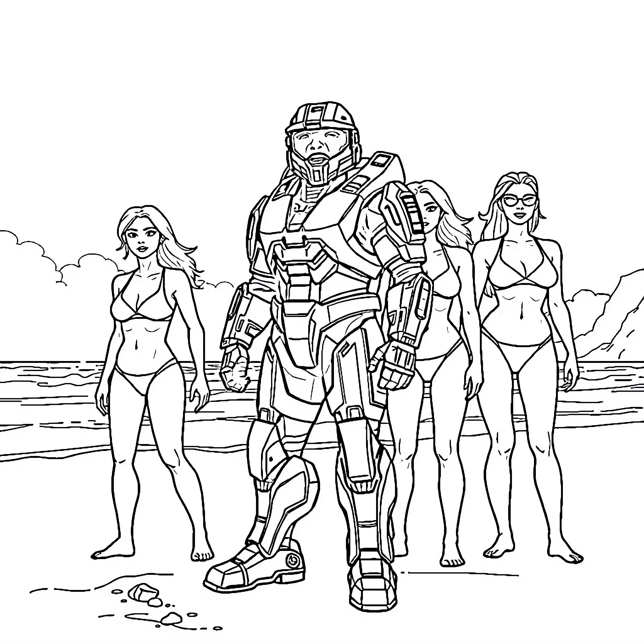 Halo Master Chief with a group of female characters Coloring Page (free black-and-white line drawing printable PDF for all, from beginners to advanced learners, including children, teens, adults, and seniors)