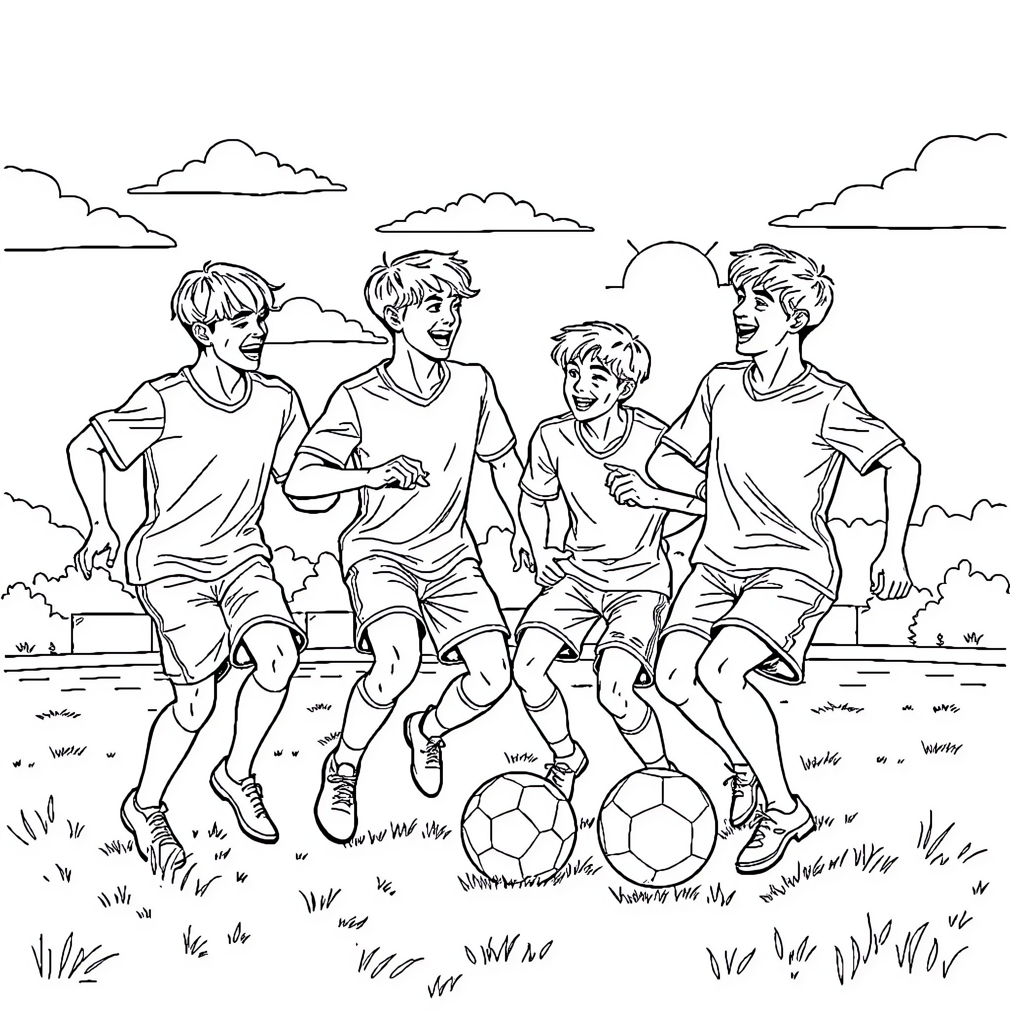 BTS of Young Soccer Players in Outdoor Setting Coloring Page (free black-and-white line drawing printable PDF for all, from beginners to advanced learners, including children, teens, adults, and seniors)