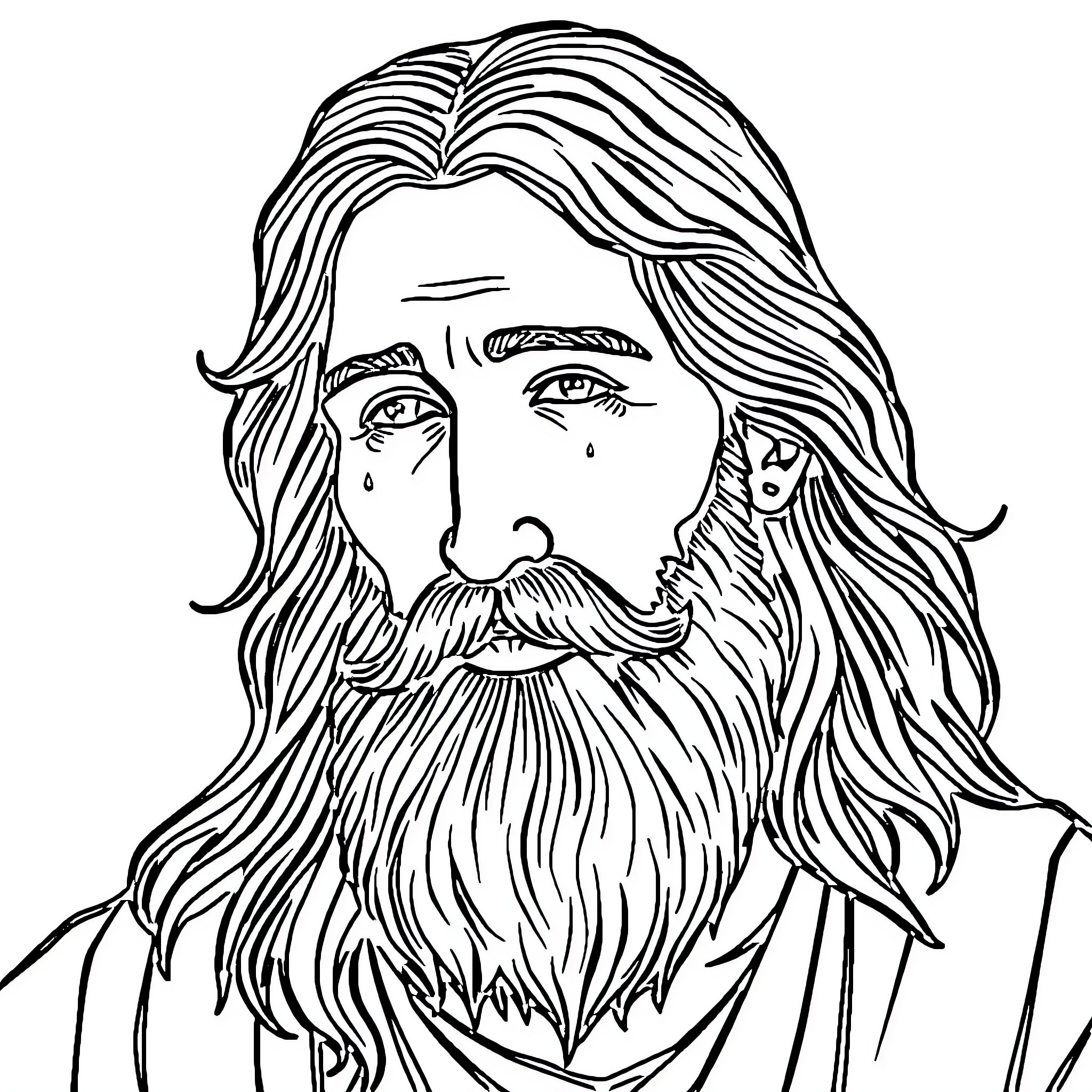 Jesus with long hair and beard expressing sadness Coloring Page (free black-and-white line drawing printable PDF for all, from beginners to advanced learners, including children, teens, adults, and seniors)