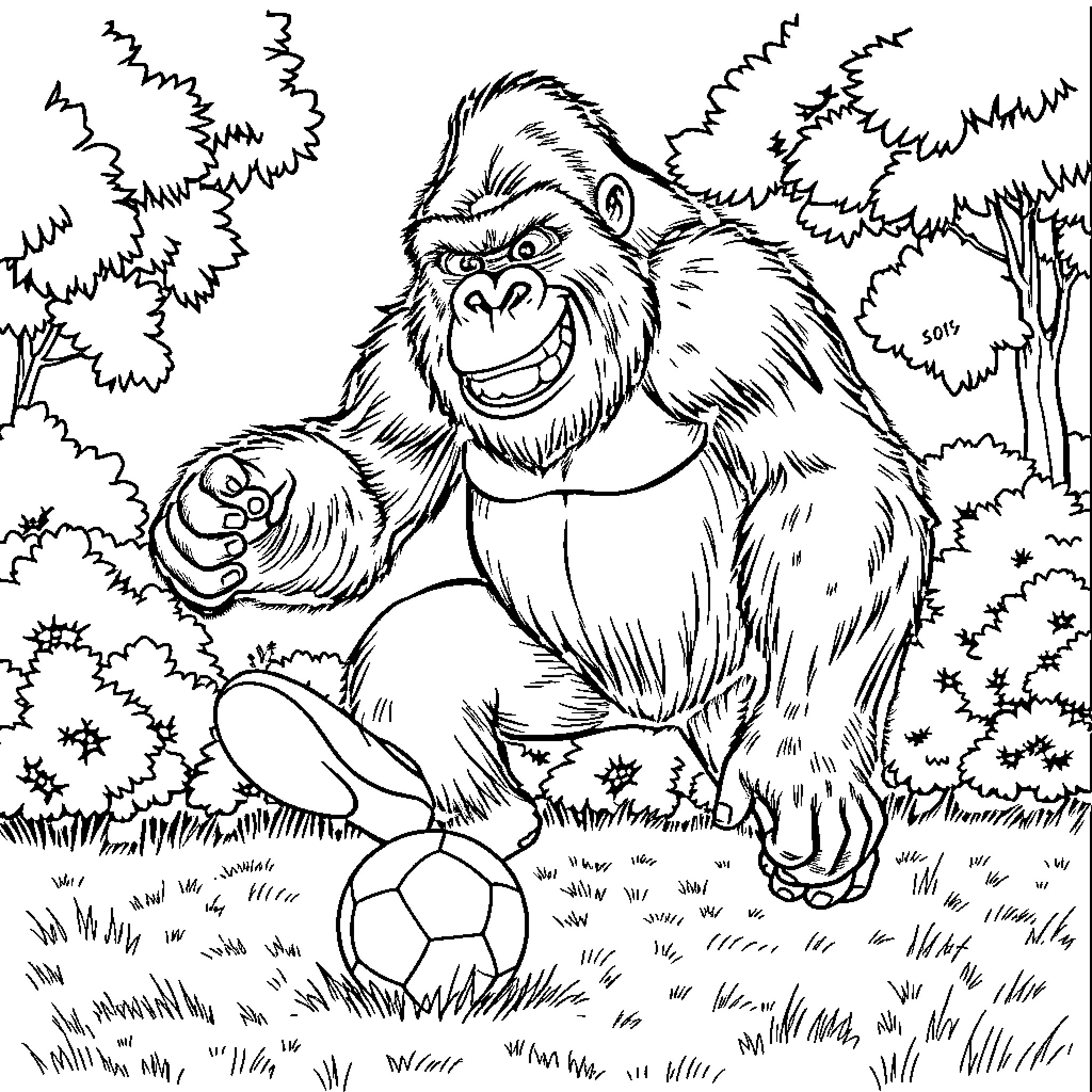 Gorilla playing with a soccer ball in the forest Coloring Page (free black-and-white line drawing printable PDF for all, from beginners to advanced learners, including children, teens, adults, and seniors)