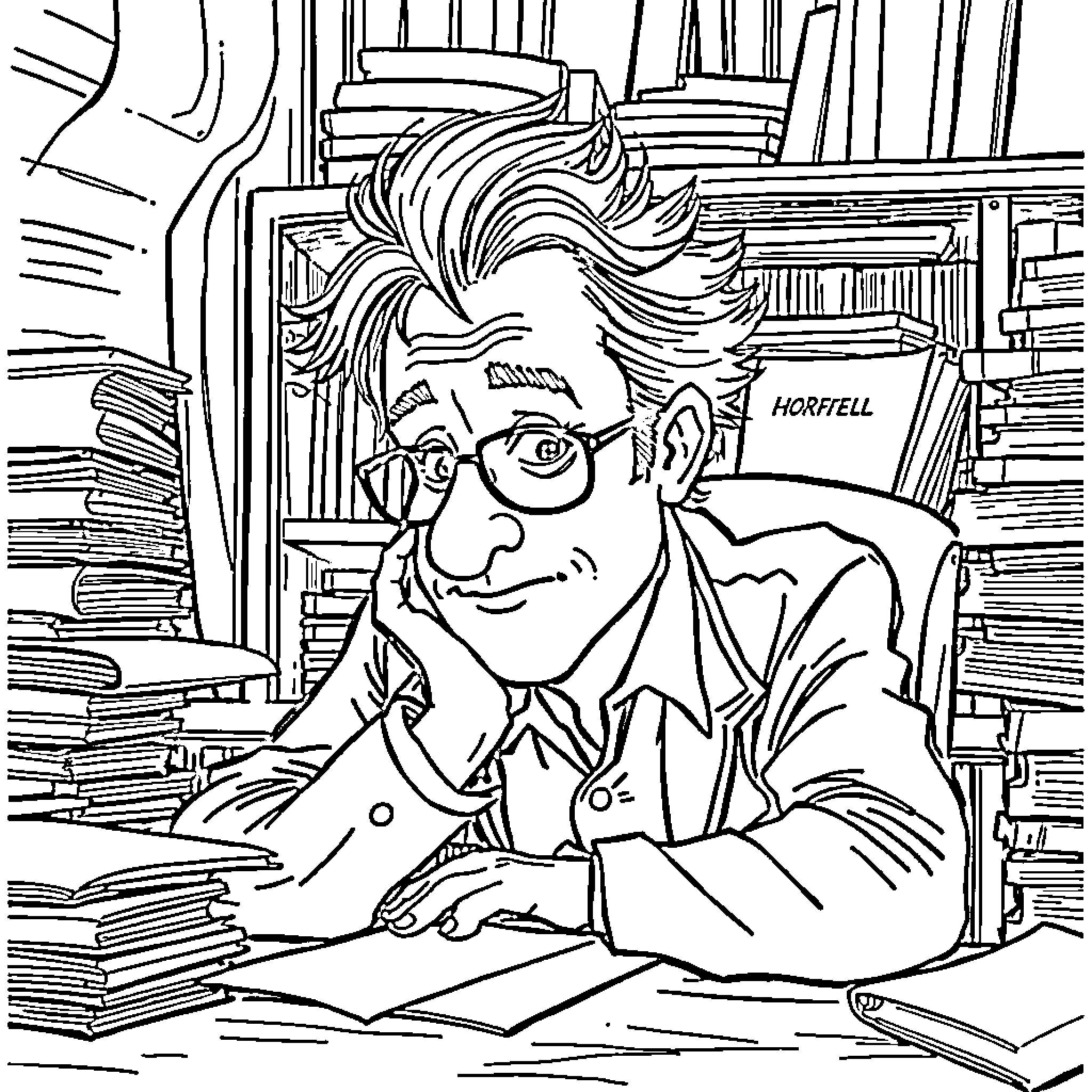 Louis Griffen working diligently at his desk Coloring Page (free black-and-white line drawing printable PDF for all, from beginners to advanced learners, including children, teens, adults, and seniors)