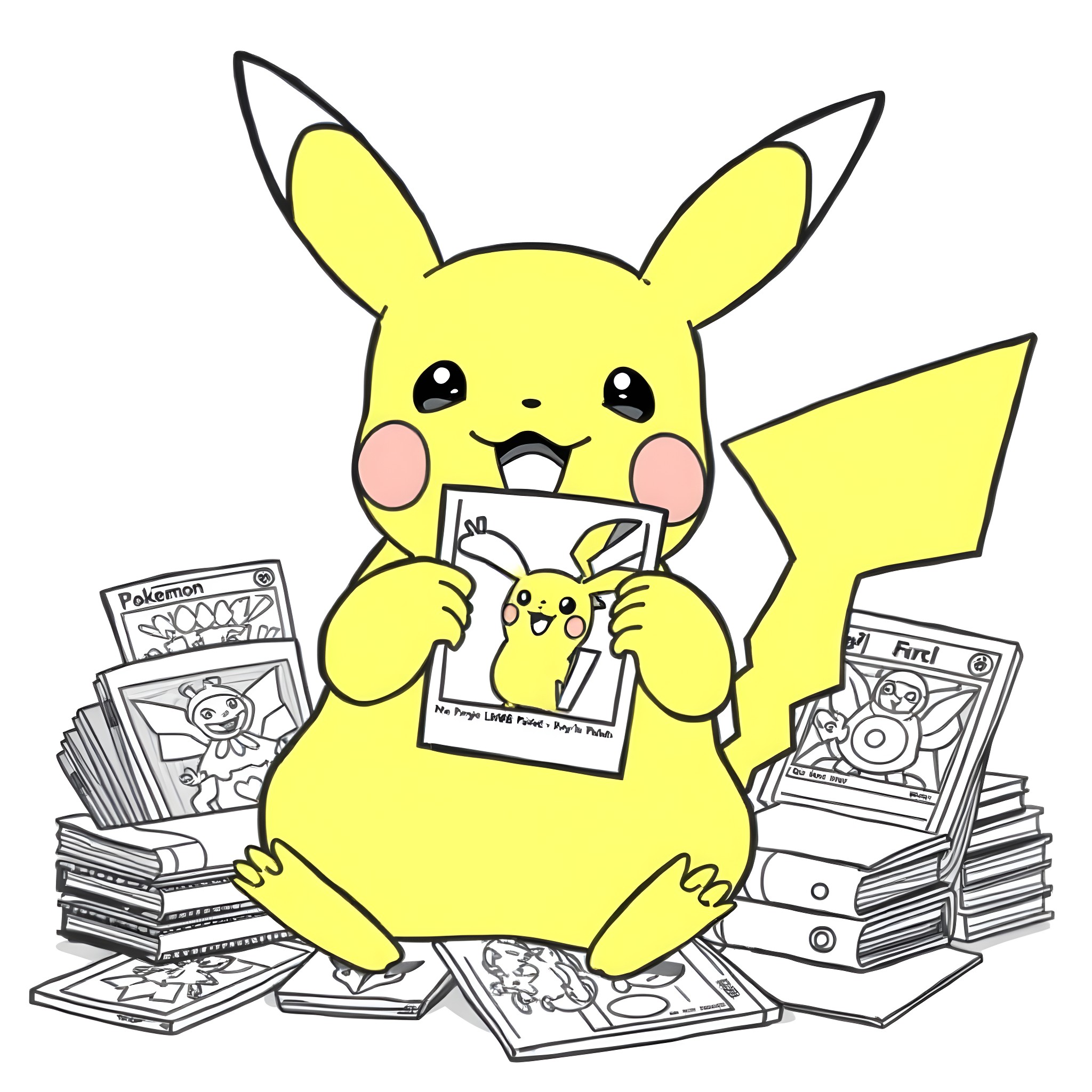 Pikachu happily coloring a picture of itself Coloring Page (free black-and-white line drawing printable PDF for all, from beginners to advanced learners, including children, teens, adults, and seniors)
