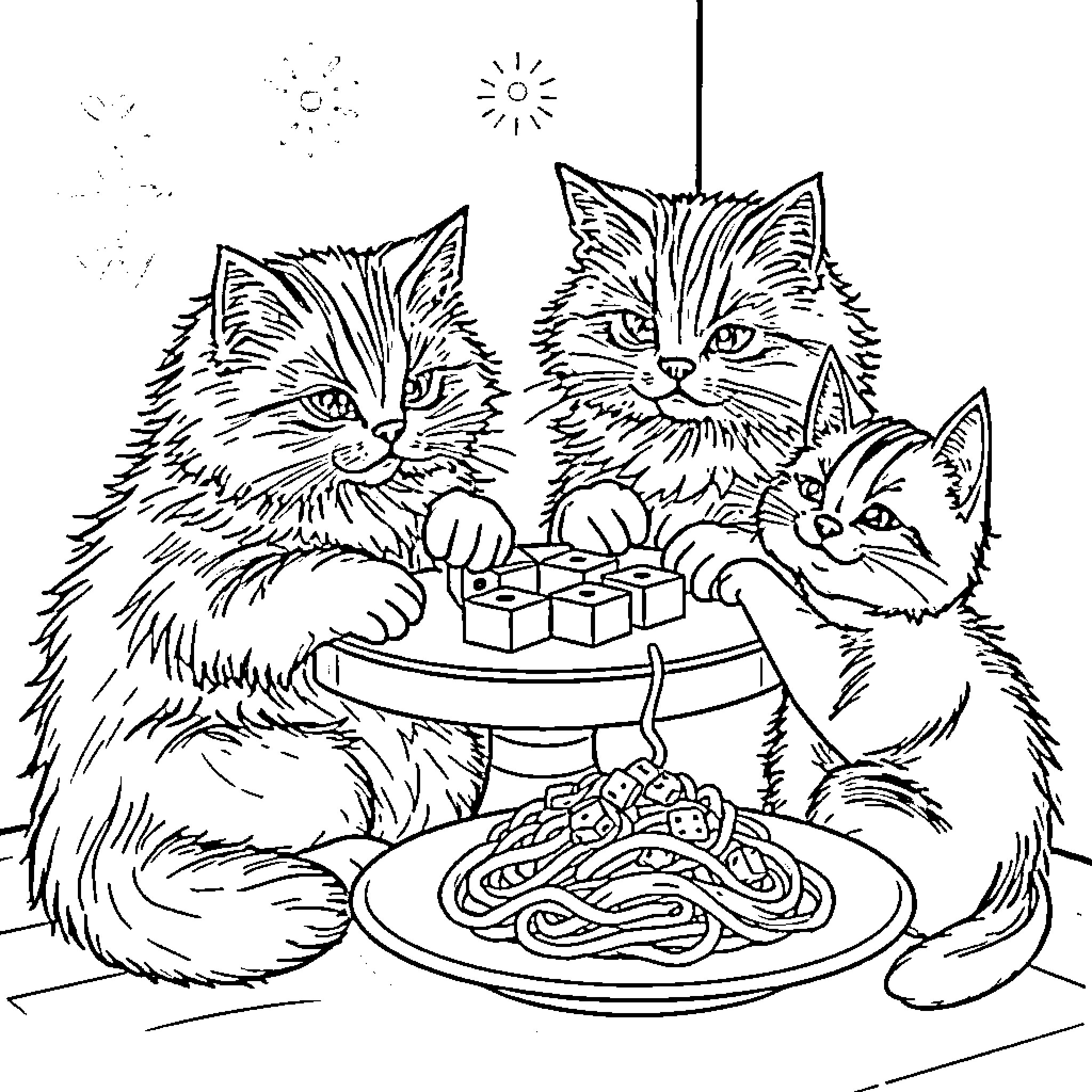 Cats Enjoying a Feast Coloring Page (free black-and-white line drawing printable PDF for all, from beginners to advanced learners, including children, teens, adults, and seniors)