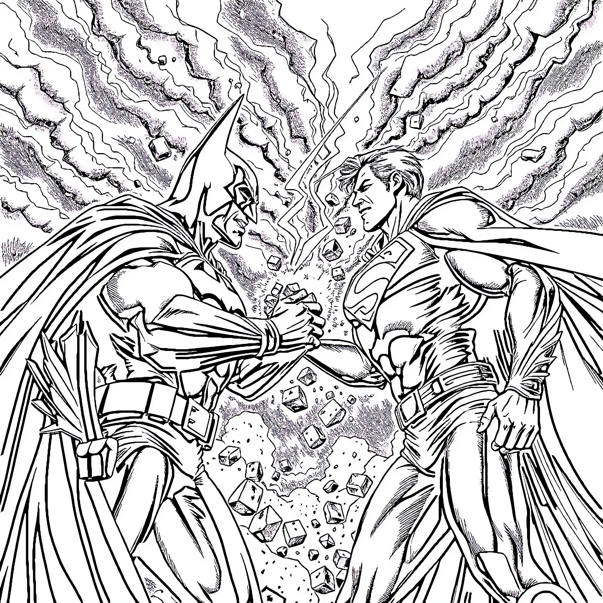 Batman and Superman in an epic clash Coloring Page (free black-and-white line drawing printable PDF for all, from beginners to advanced learners, including children, teens, adults, and seniors)