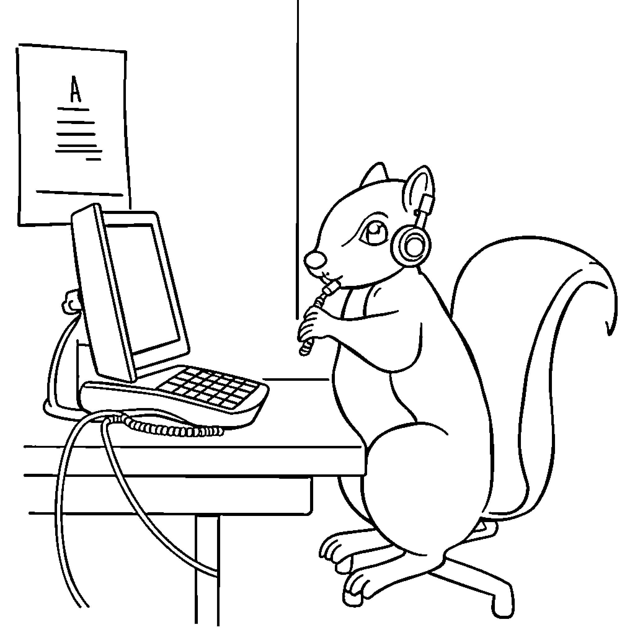 Squirrel working diligently on computer Coloring Page (free black-and-white line drawing printable PDF for all, from beginners to advanced learners, including children, teens, adults, and seniors)