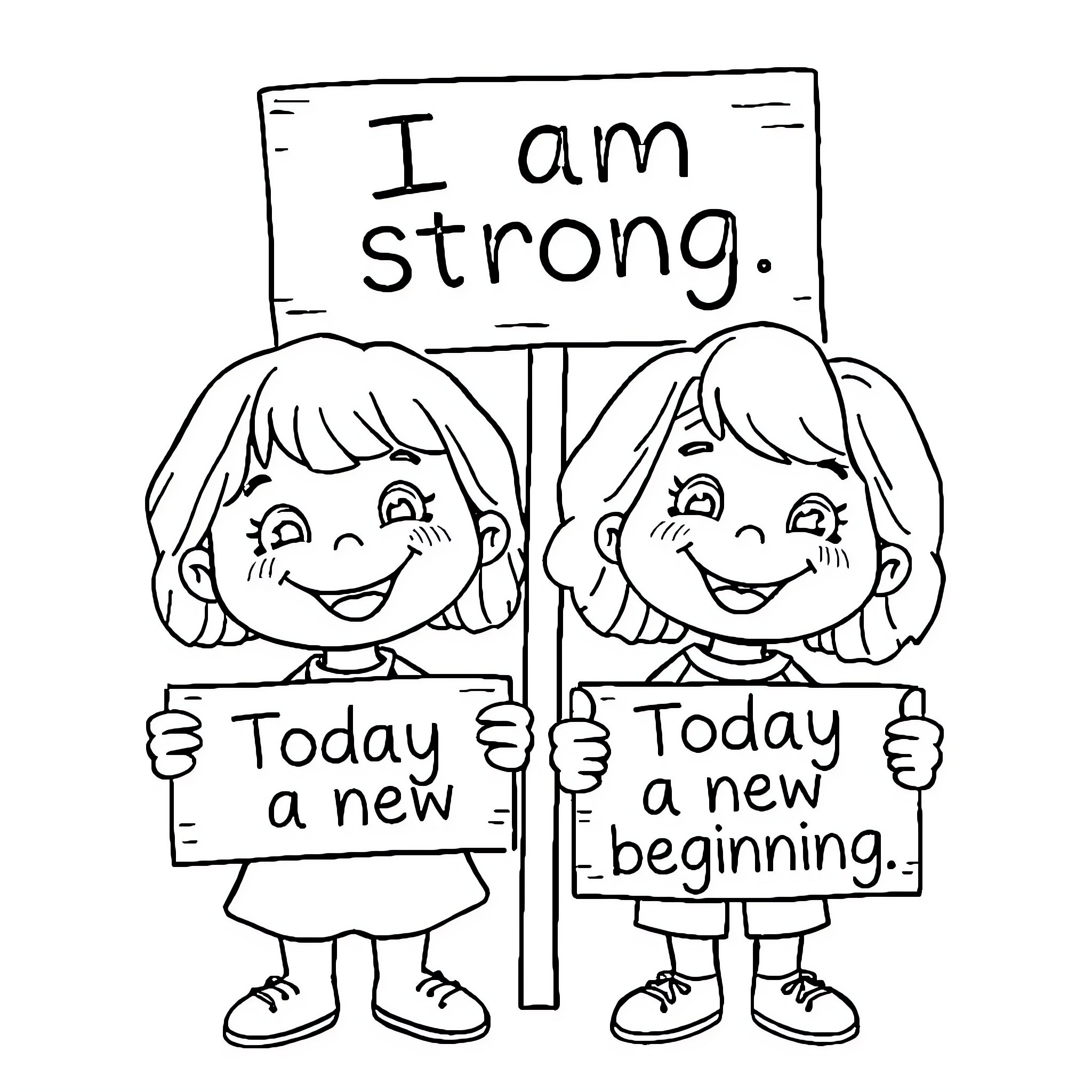 Character expressing positive mindset and determination Coloring Page (free black-and-white line drawing printable PDF for all, from beginners to advanced learners, including children, teens, adults, and seniors)