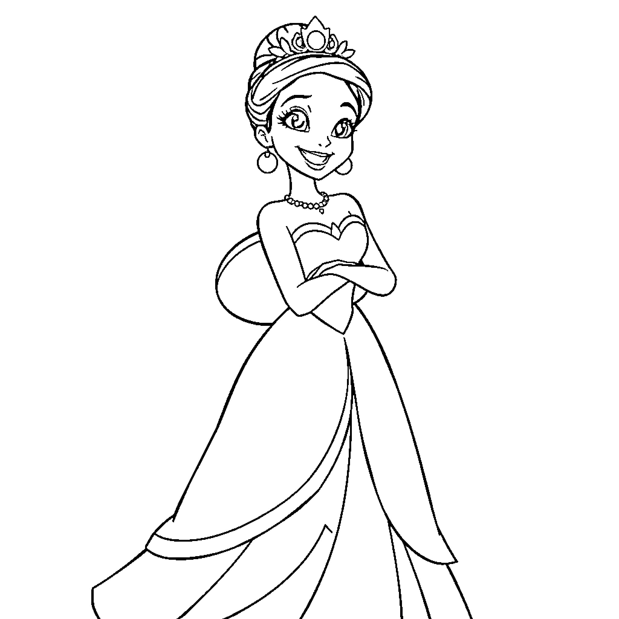 Princess in Regal Attire with Graceful Pose Coloring Page (free black-and-white line drawing printable PDF for all, from beginners to advanced learners, including children, teens, adults, and seniors)