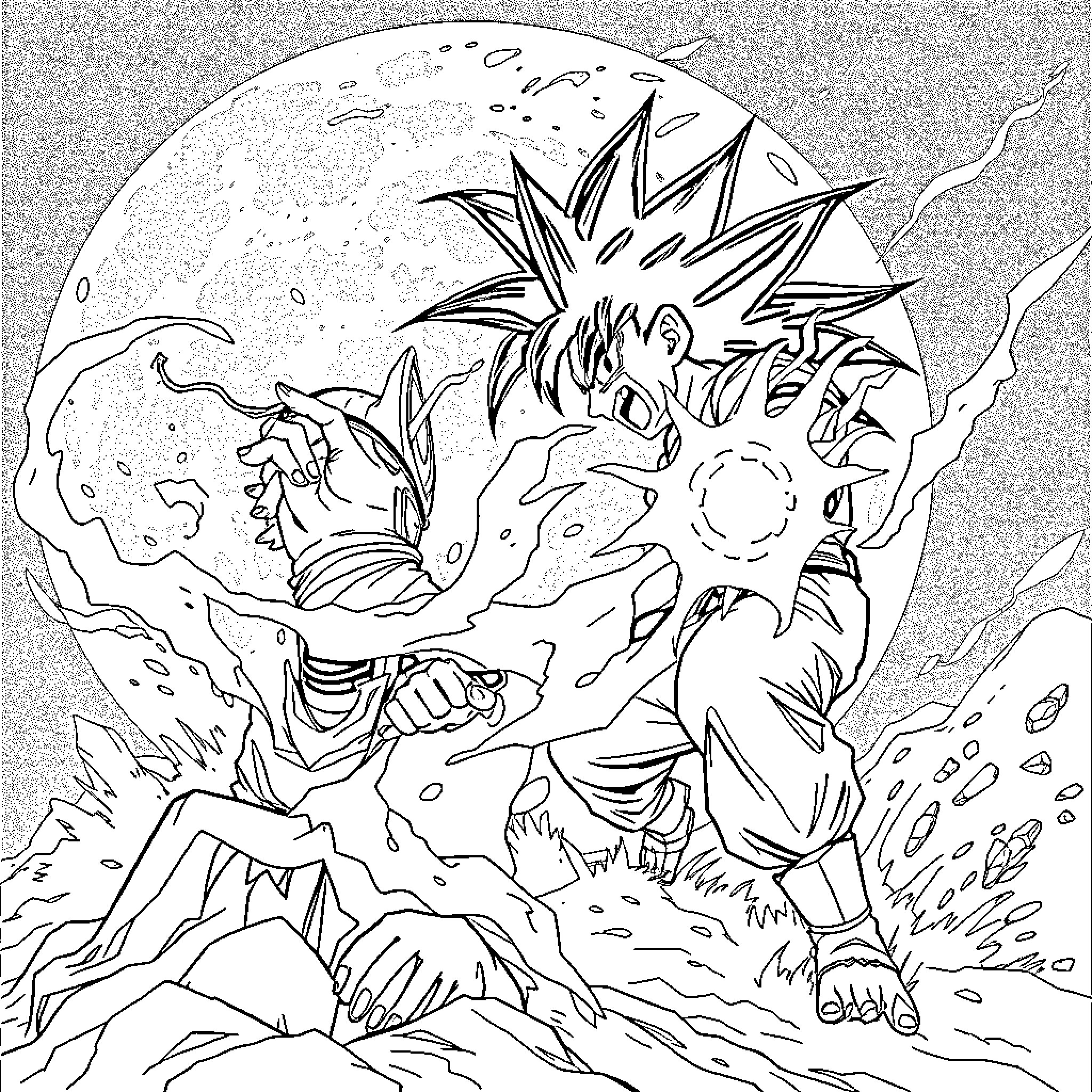 Naruto characters in intense battle under moonlit sky Coloring Page (free black-and-white line drawing printable PDF for all, from beginners to advanced learners, including children, teens, adults, and seniors)