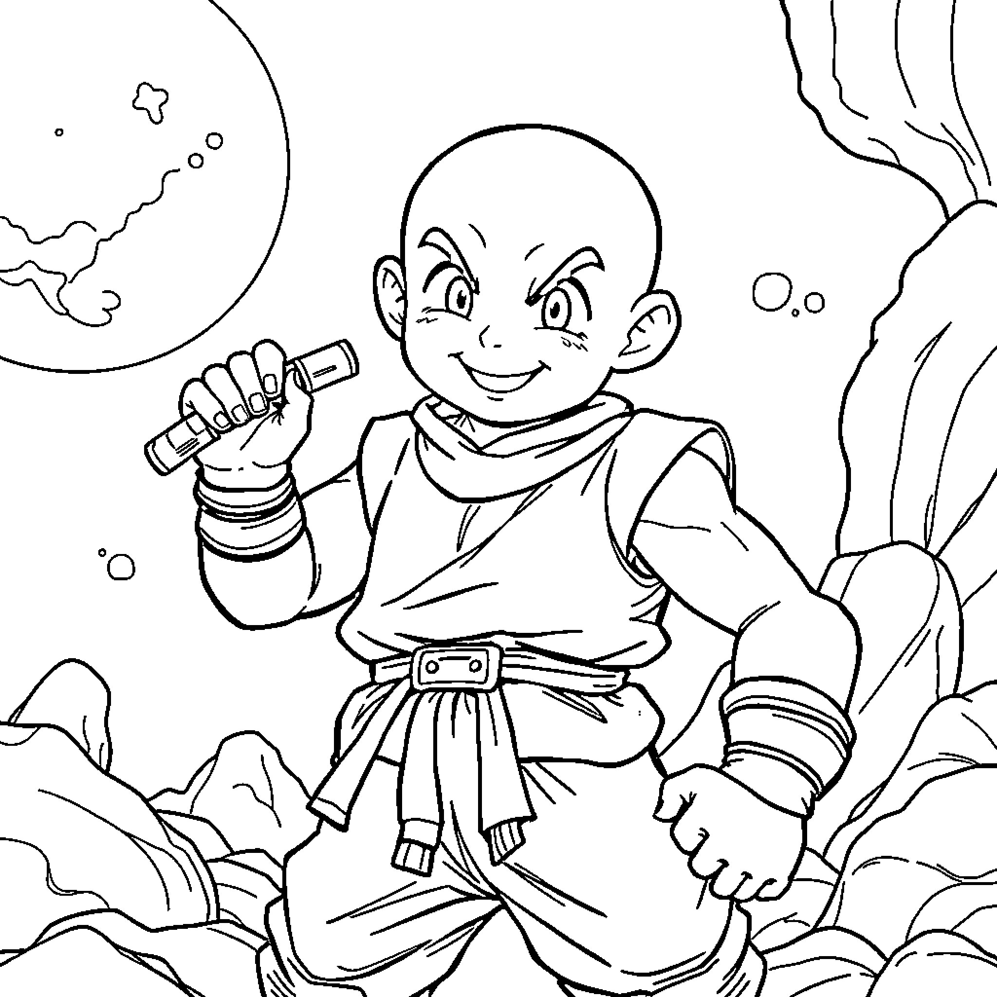 Krilin exploring the wilderness with his telescope Coloring Page (free black-and-white line drawing printable PDF for all, from beginners to advanced learners, including children, teens, adults, and seniors)