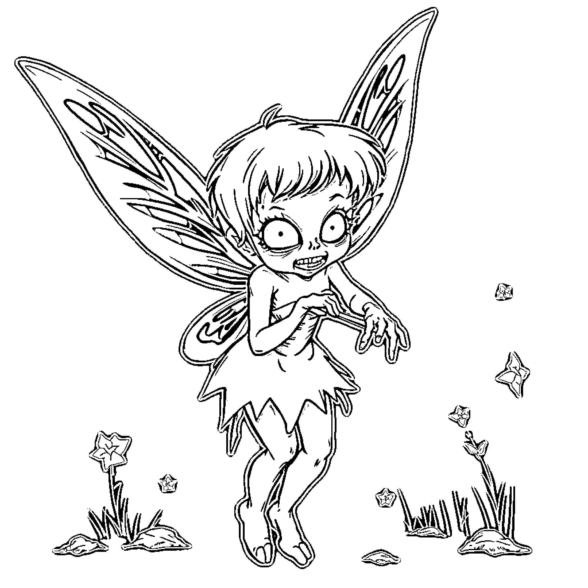 Tinkerbell exploring the enchanted forest Coloring Page (free black-and-white line drawing printable PDF for all, from beginners to advanced learners, including children, teens, adults, and seniors)