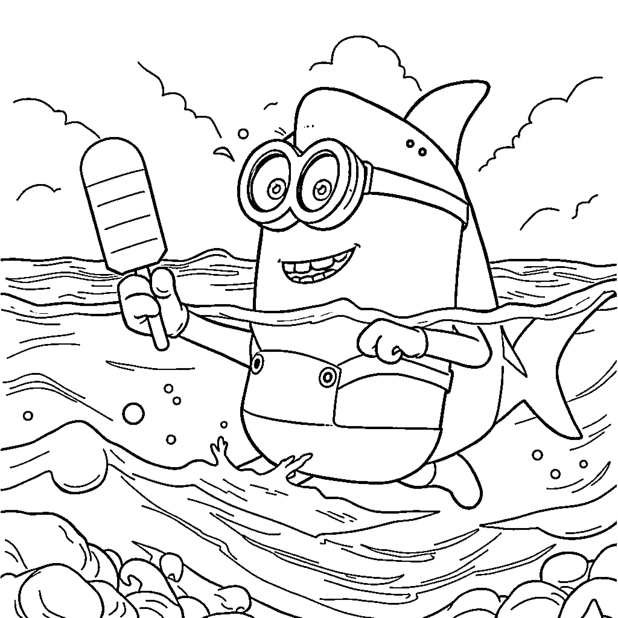 Minion enjoying a day at the beach with a shark Coloring Page (free black-and-white line drawing printable PDF for all, from beginners to advanced learners, including children, teens, adults, and seniors)