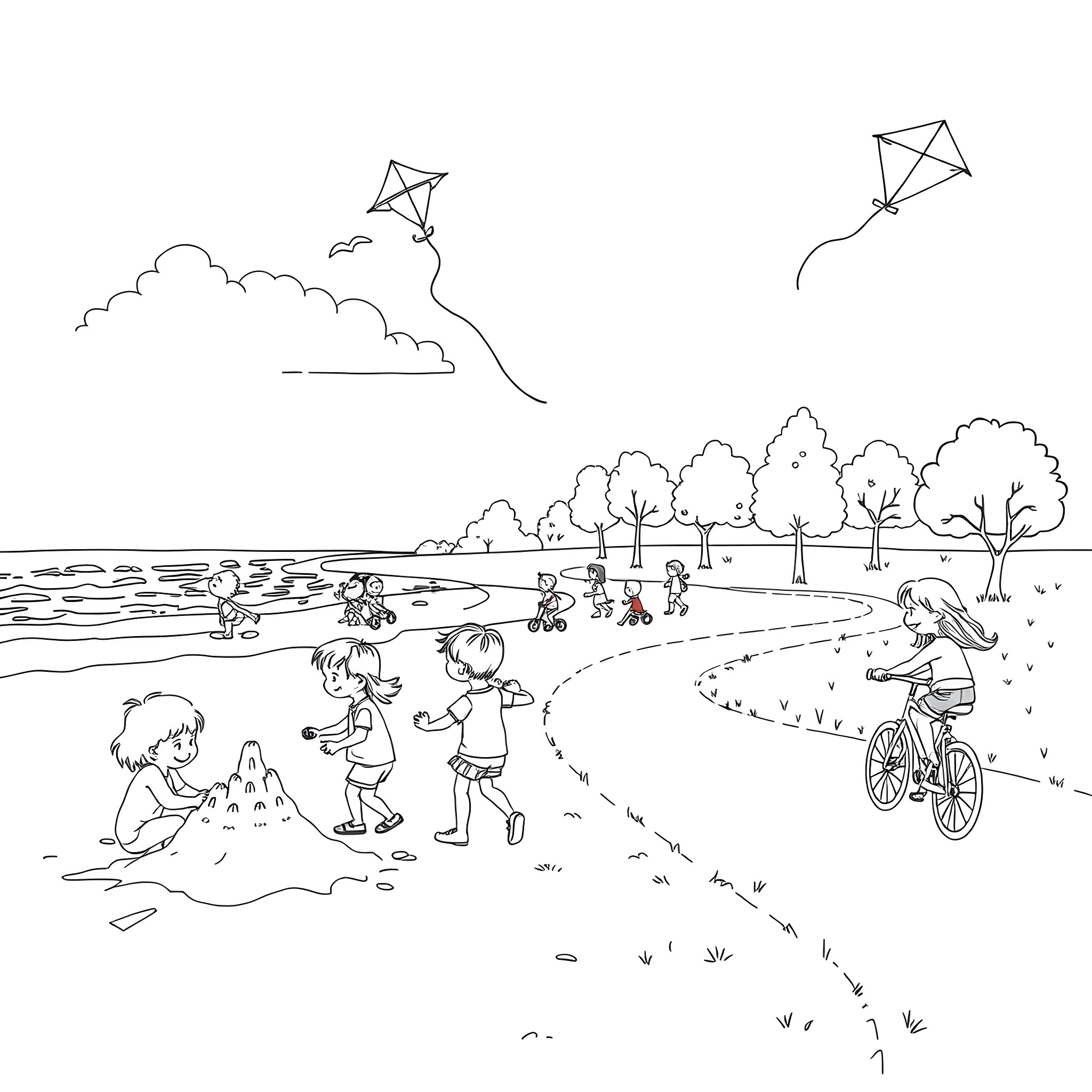 Kids playing happily in the park Coloring Page (free black-and-white line drawing printable PDF for all, from beginners to advanced learners, including children, teens, adults, and seniors)