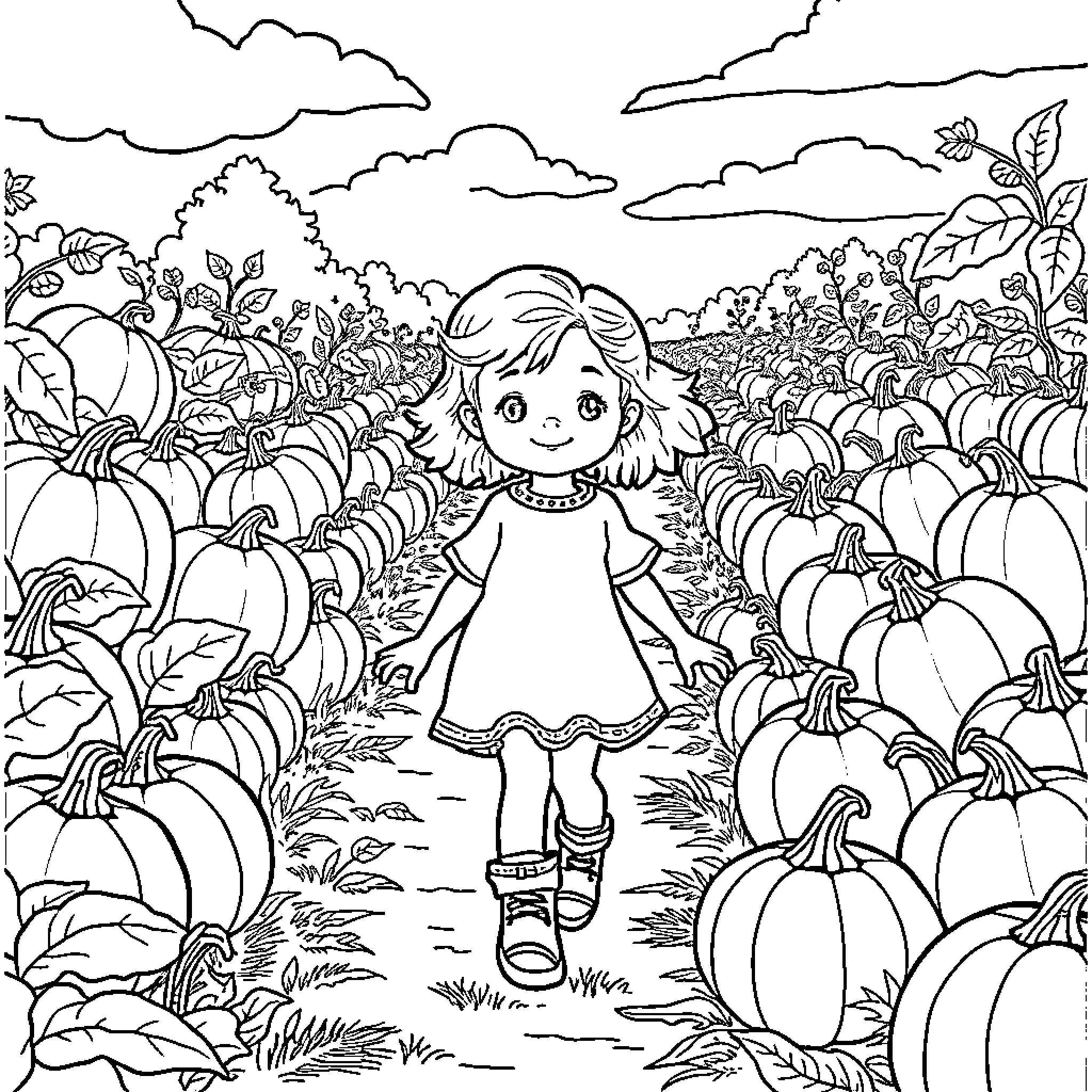 Girl explores pumpkin patch with joy Coloring Page (free black-and-white line drawing printable PDF for all, from beginners to advanced learners, including children, teens, adults, and seniors)