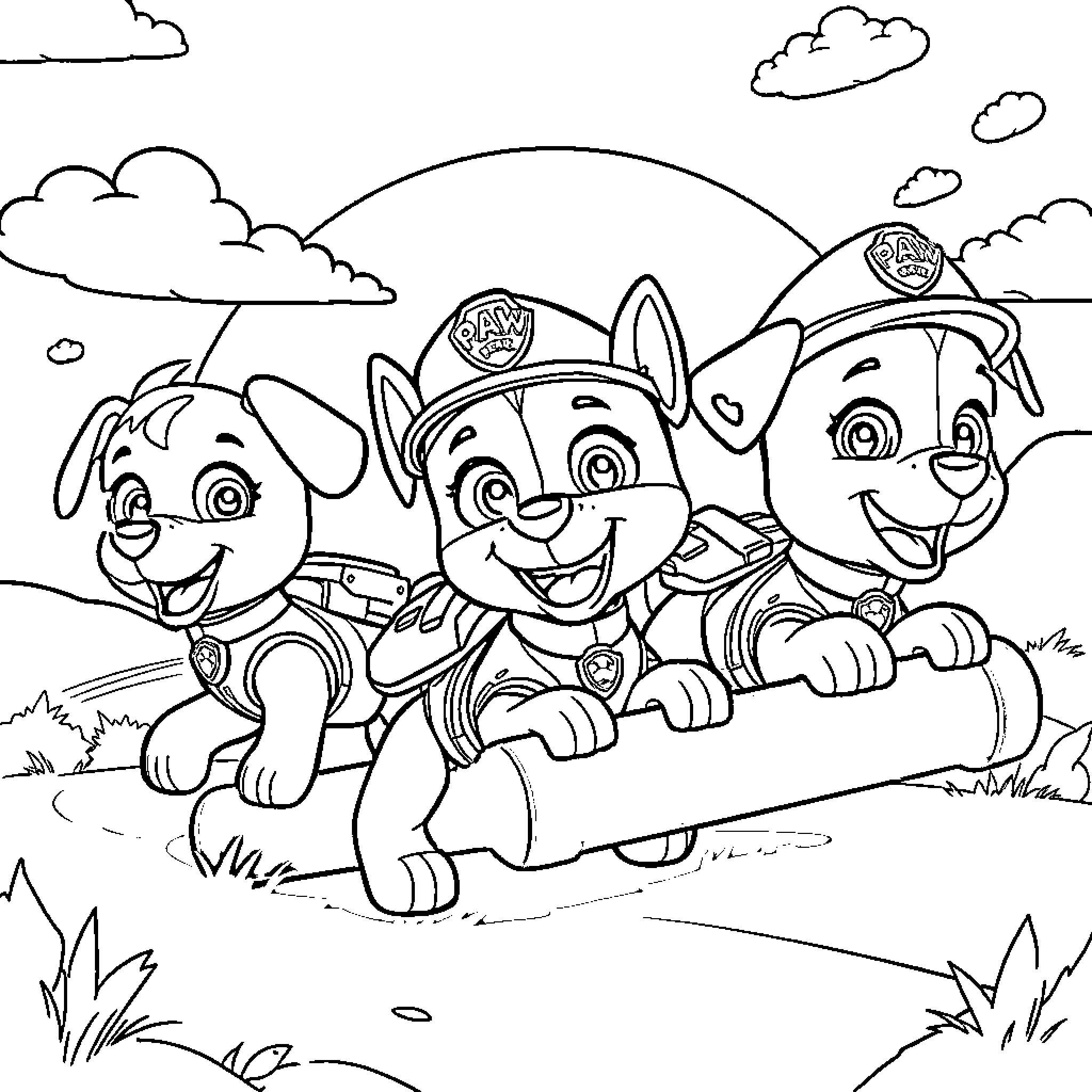 Paw Patrol pups on an adventure in the outdoors Coloring Page (free black-and-white line drawing printable PDF for all, from beginners to advanced learners, including children, teens, adults, and seniors)