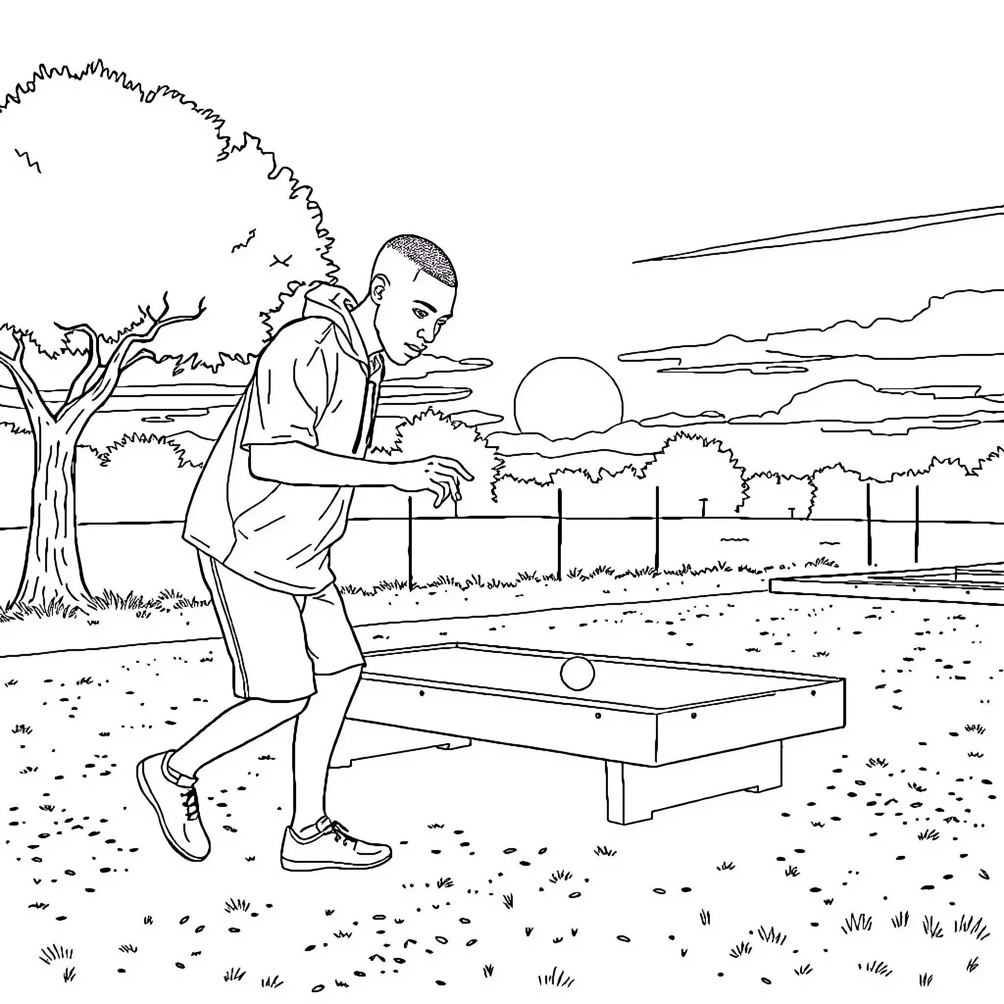 Mbappe playing ping-pong in the outdoor setting Coloring Page (free black-and-white line drawing printable PDF for all, from beginners to advanced learners, including children, teens, adults, and seniors)