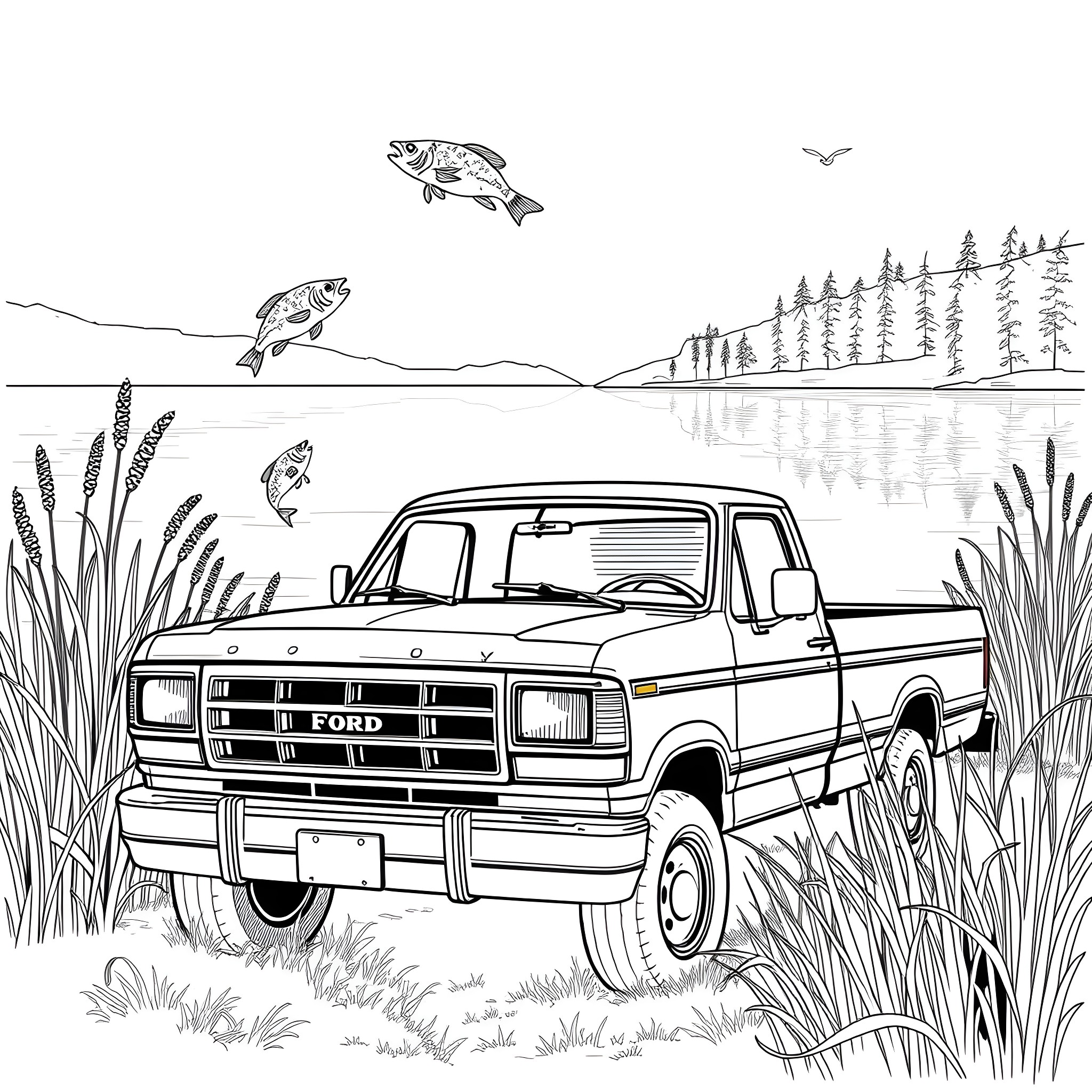 Ford Pickup Truck by the Lake with Jumping Fish Coloring Page (free black-and-white line drawing printable PDF for all, from beginners to advanced learners, including children, teens, adults, and seniors)