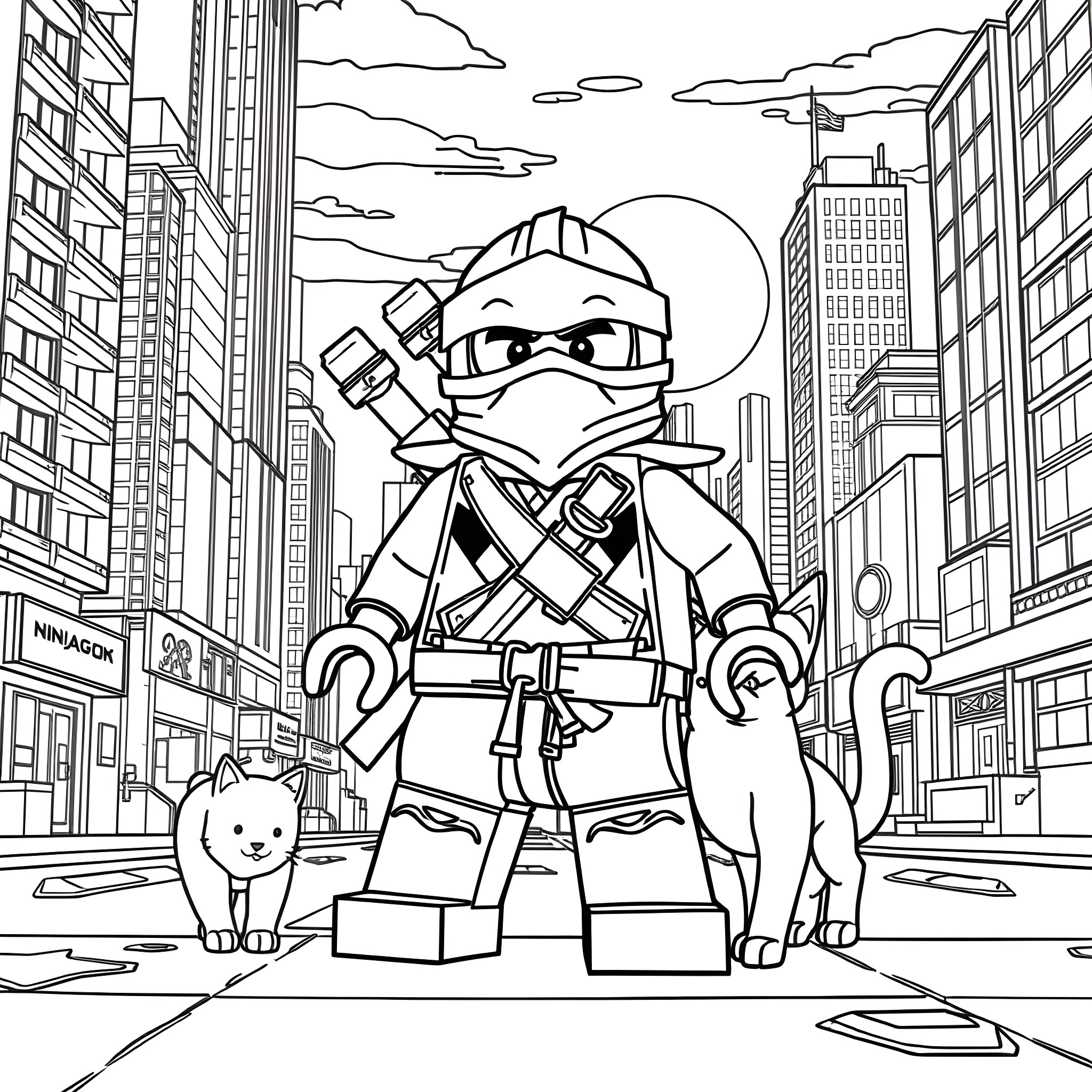 Ninjago Hero in Action Amid City Skyscrapers Coloring Page (free black-and-white line drawing printable PDF for all, from beginners to advanced learners, including children, teens, adults, and seniors)