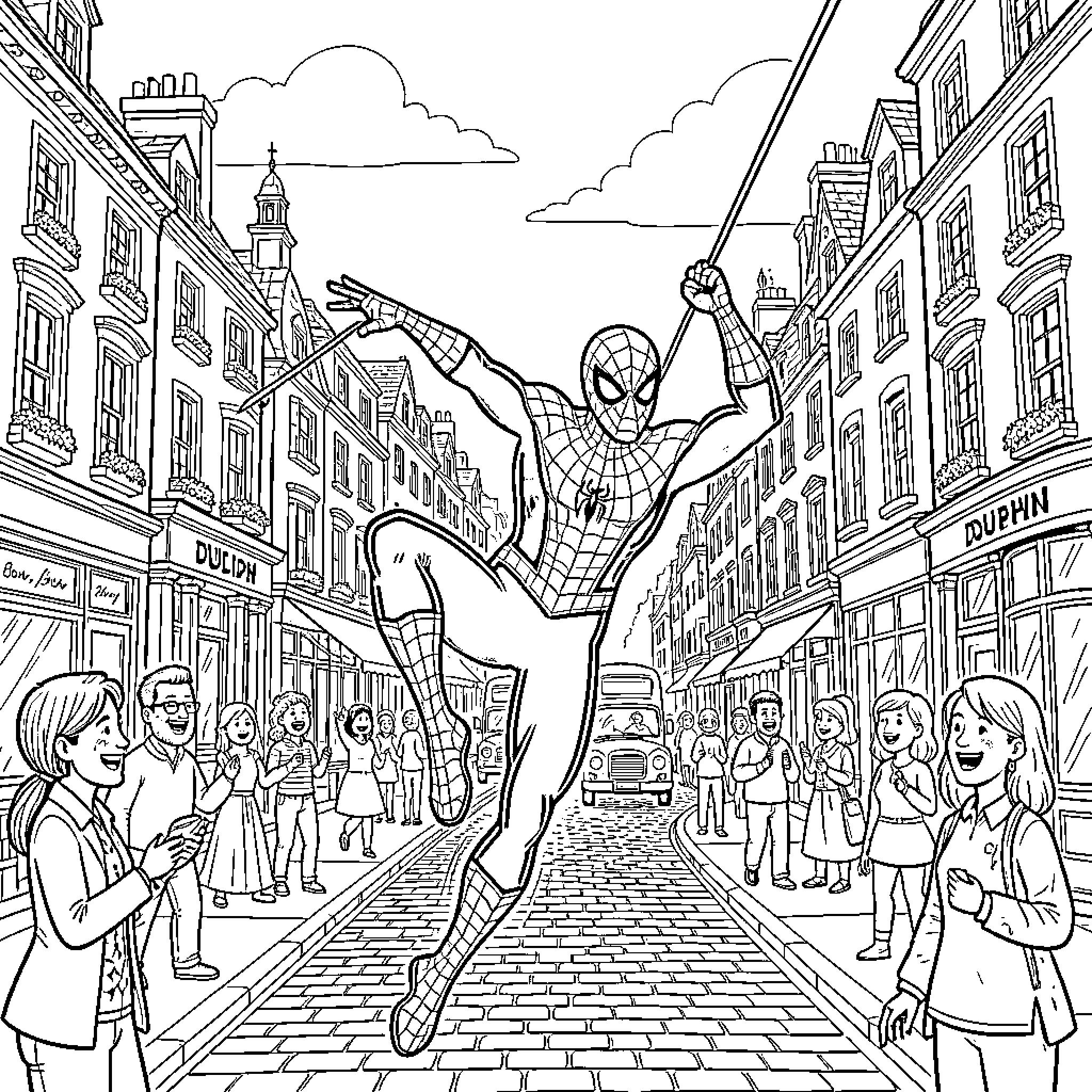 Spider-Man swinging through a busy city street Coloring Page (free black-and-white line drawing printable PDF for all, from beginners to advanced learners, including children, teens, adults, and seniors)
