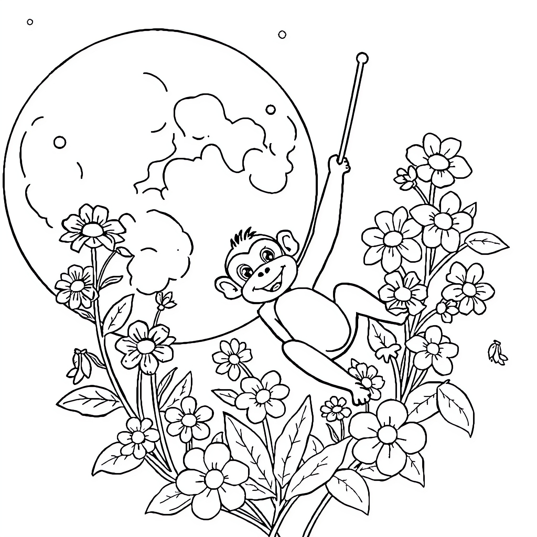 Flower Monkey playing in the garden Coloring Page (free black-and-white line drawing printable PDF for all, from beginners to advanced learners, including children, teens, adults, and seniors)