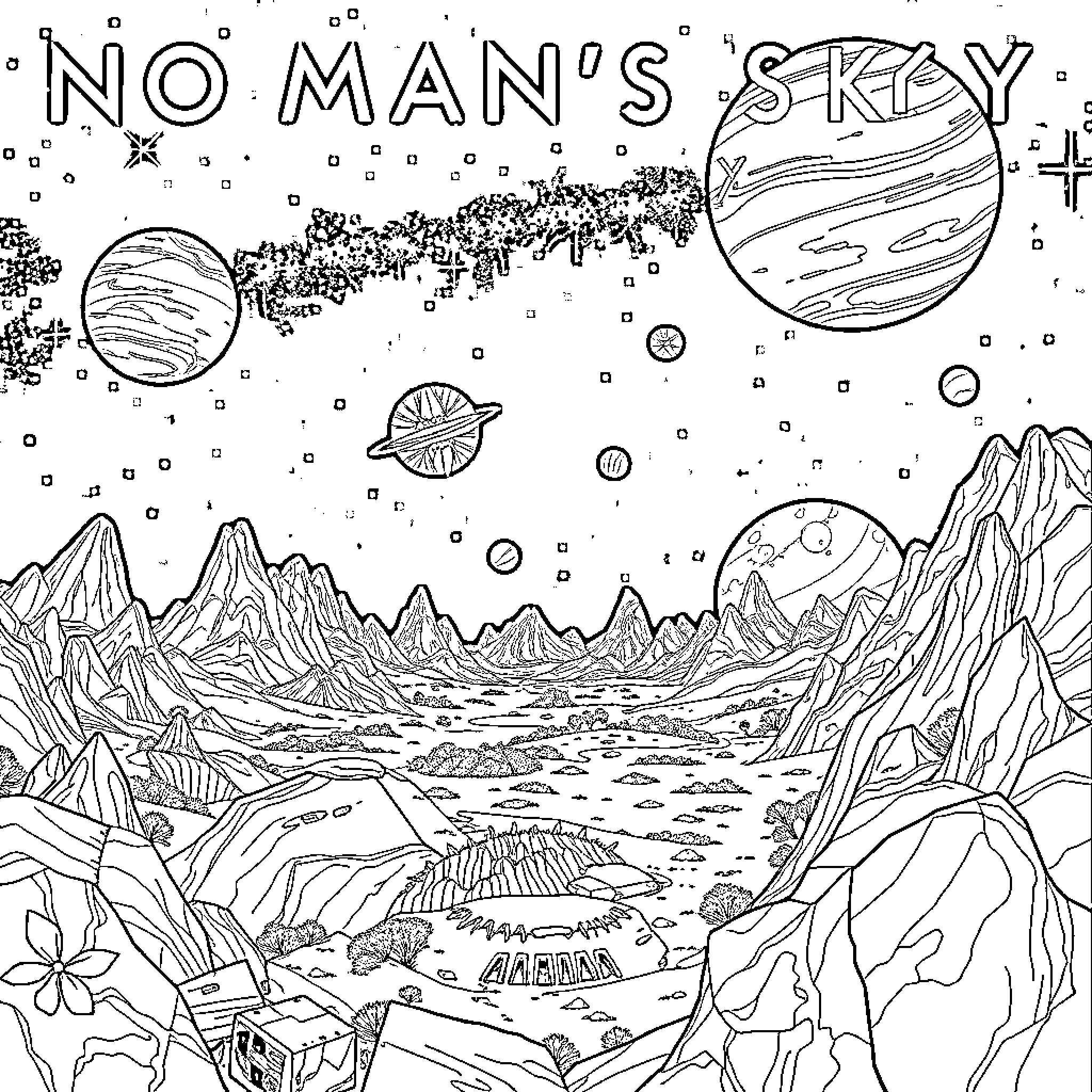 No Man's Sky: Alien Landscape Exploration Coloring Page (free black-and-white line drawing printable PDF for all, from beginners to advanced learners, including children, teens, adults, and seniors)