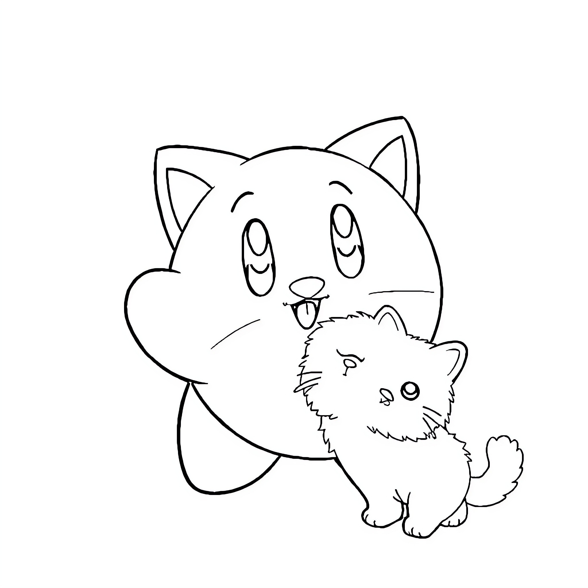 Kirby hugs a puppy with big eyes Coloring Page (free black-and-white line drawing printable PDF for all, from beginners to advanced learners, including children, teens, adults, and seniors)